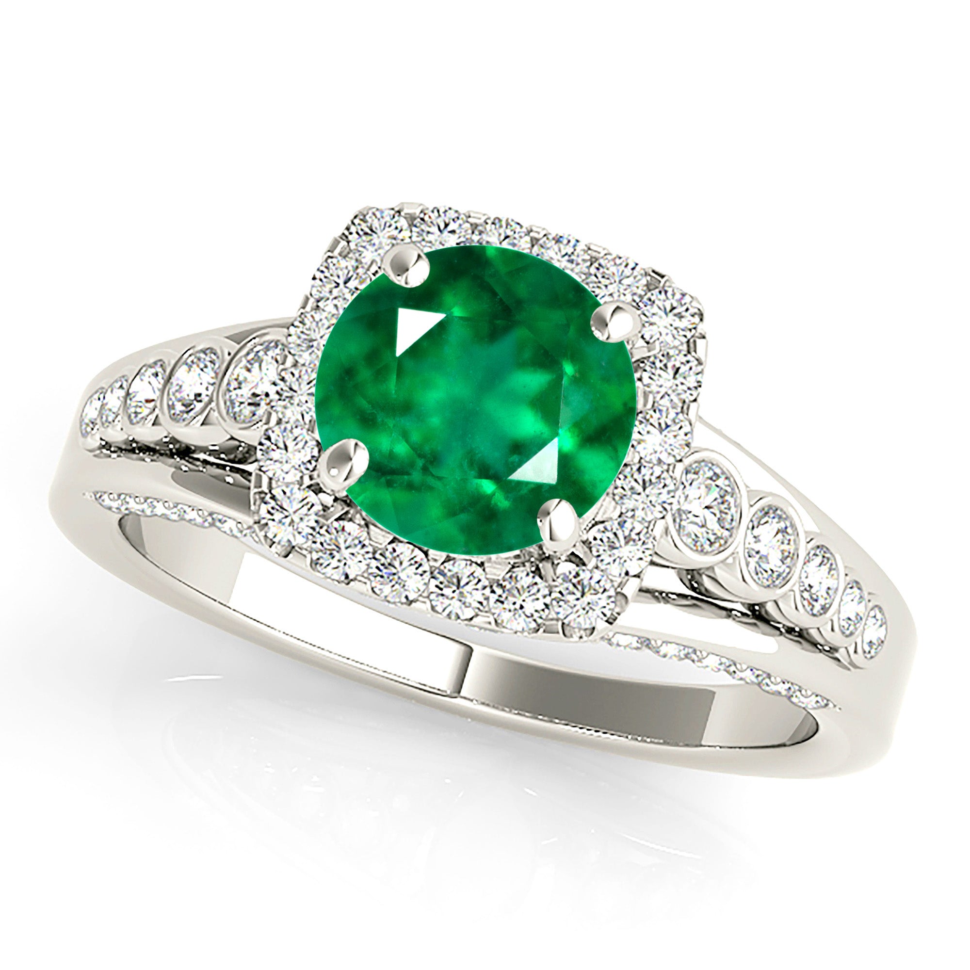 1.75 ct. Genuine Emerald Split Shank Halo Ring With 0.70 ctw. Pave and Bezel Set Side Diamonds-VIRABYANI