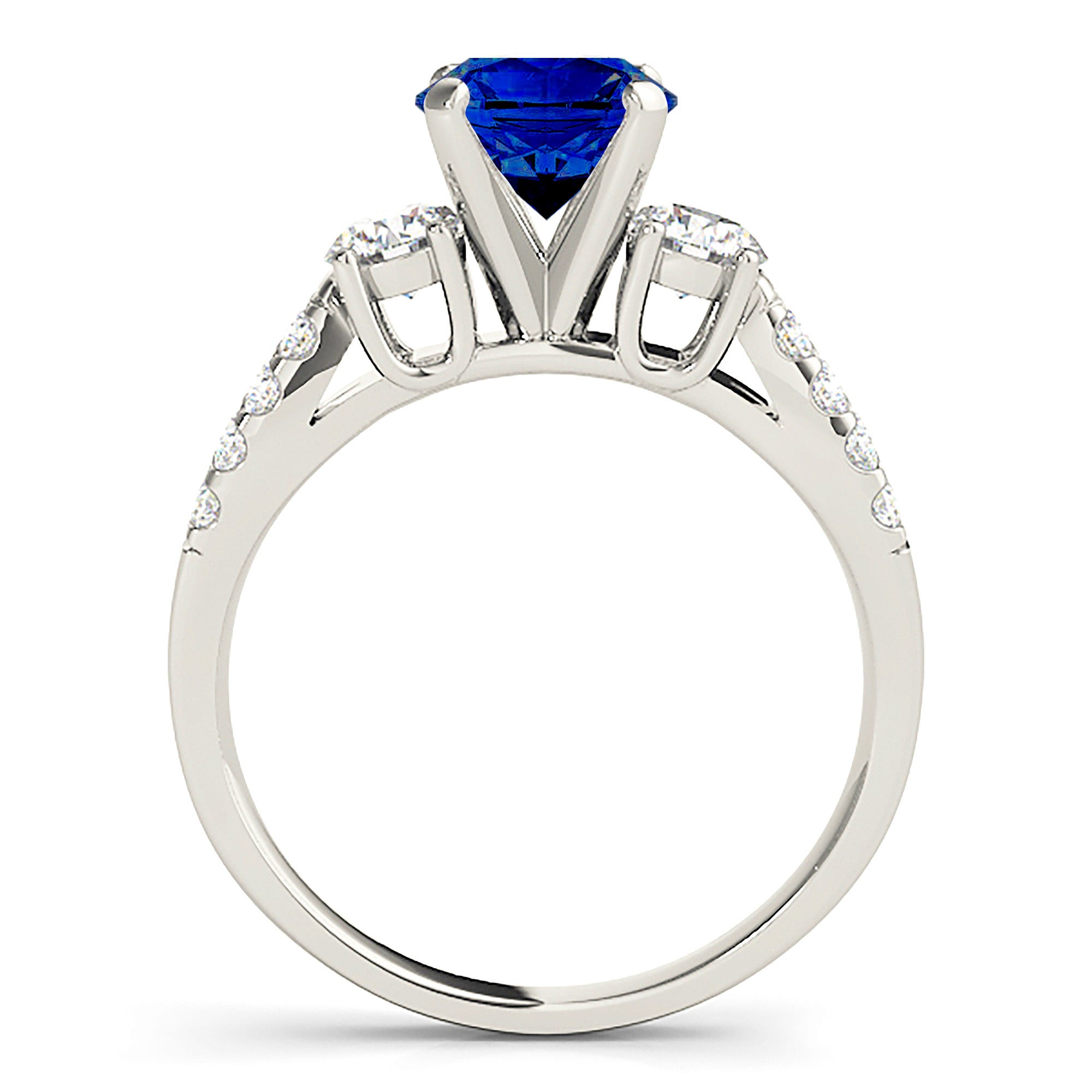 2.41 ct. Genuine Blue Sapphire Three Stone Ring With 0.50 ctw. Side Diamonds on Split Shank-VIRABYANI