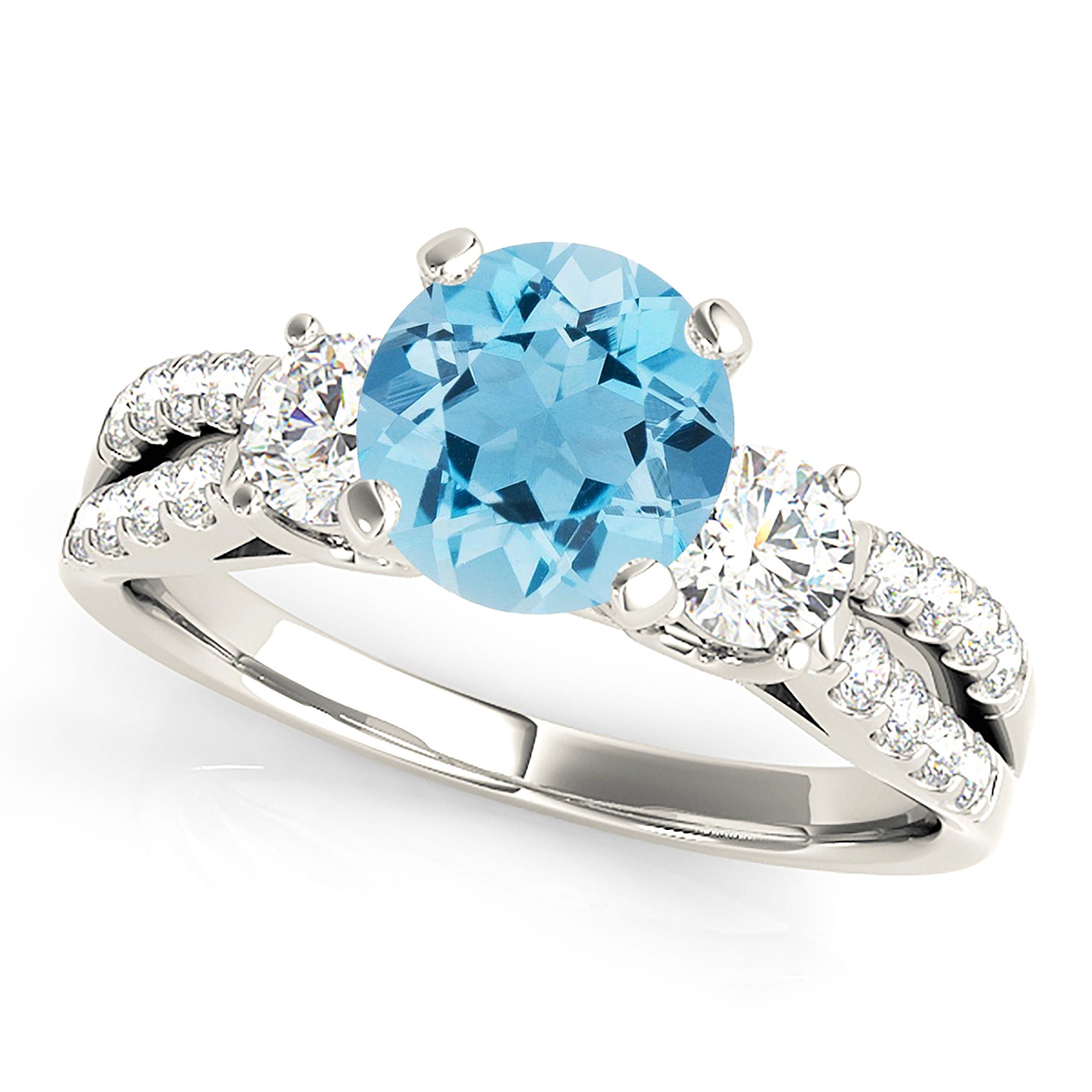 2.00 ct. Genuine Aquamarine Ring With 0.50 ctw. Side Accent Diamonds And Curved Split Diamond band | Round Blue Aquamarine Halo Ring-VIRABYANI