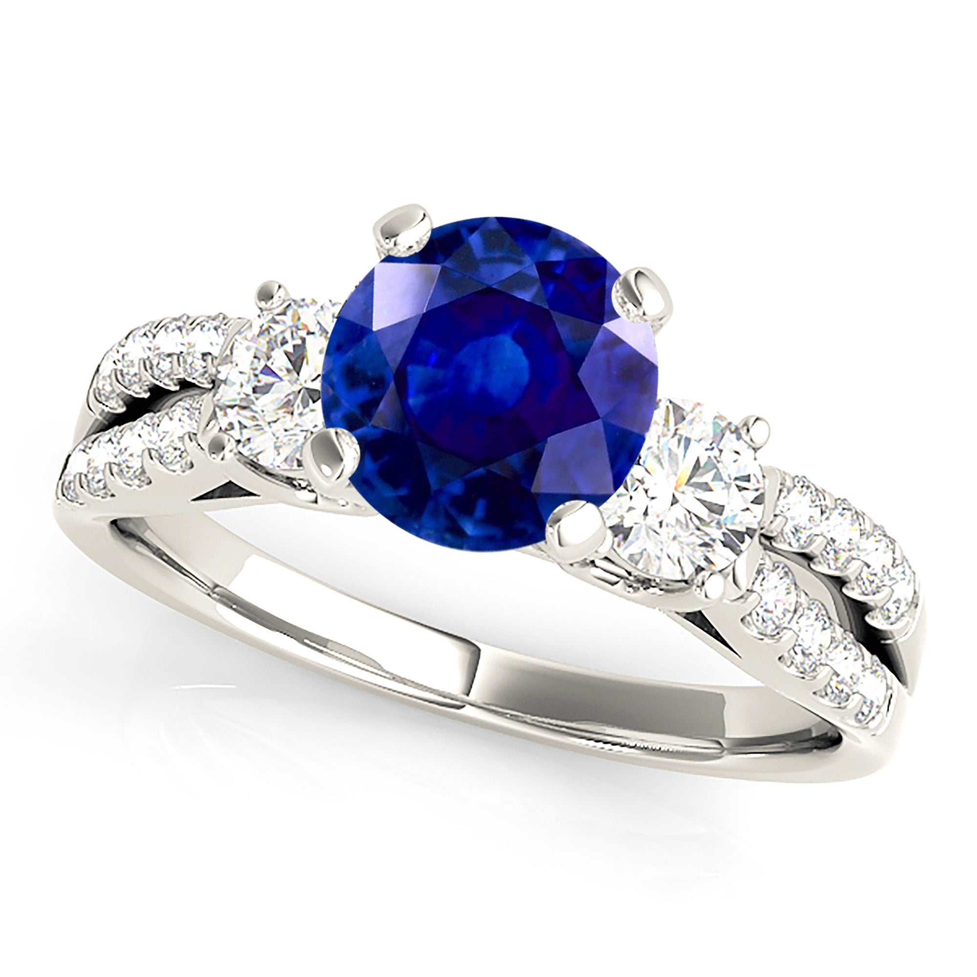 2.41 ct. Genuine Blue Sapphire Three Stone Ring With 0.50 ctw. Side Diamonds on Split Shank-VIRABYANI