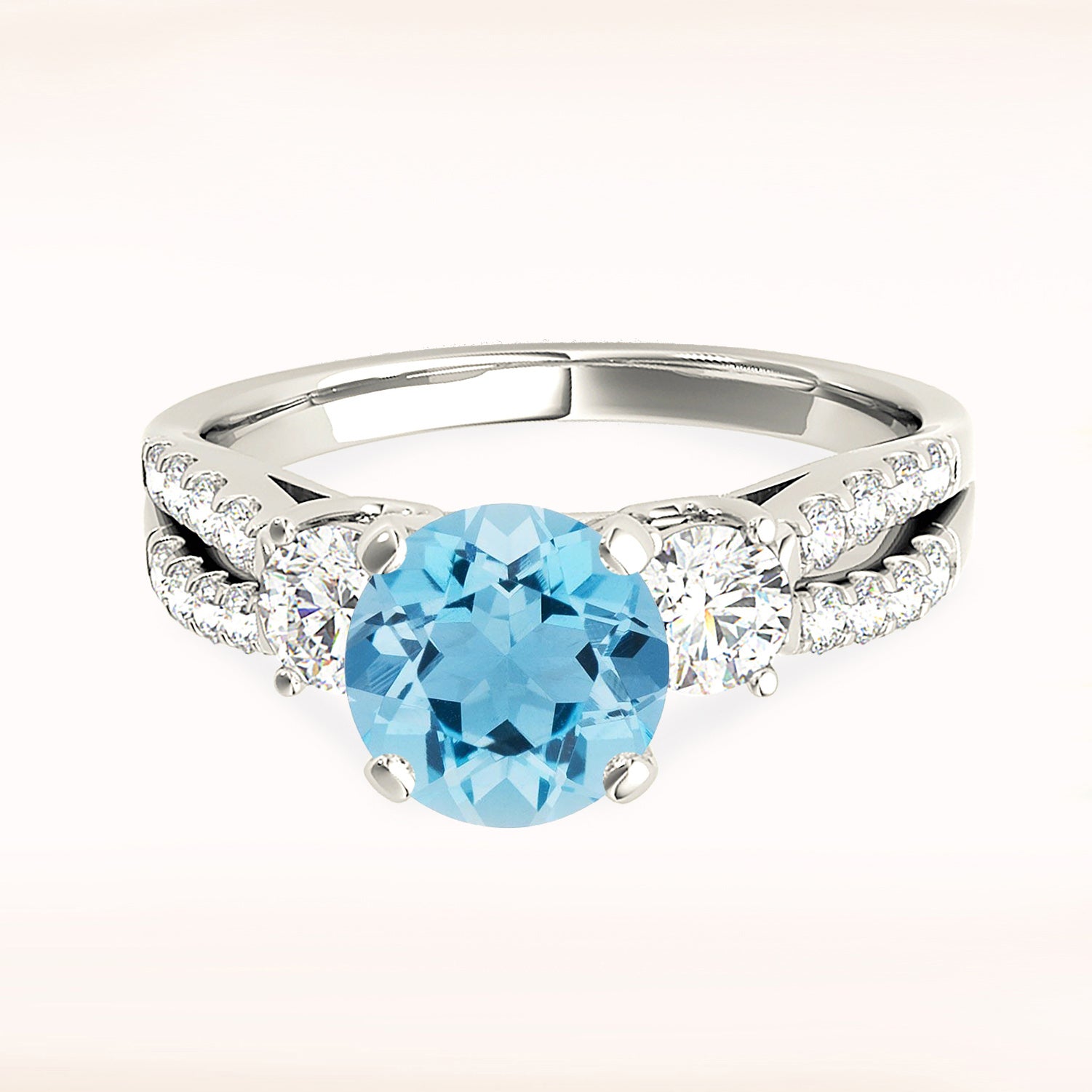 2.00 ct. Genuine Aquamarine Ring With 0.50 ctw. Side Accent Diamonds And Curved Split Diamond band | Round Blue Aquamarine Halo Ring-VIRABYANI