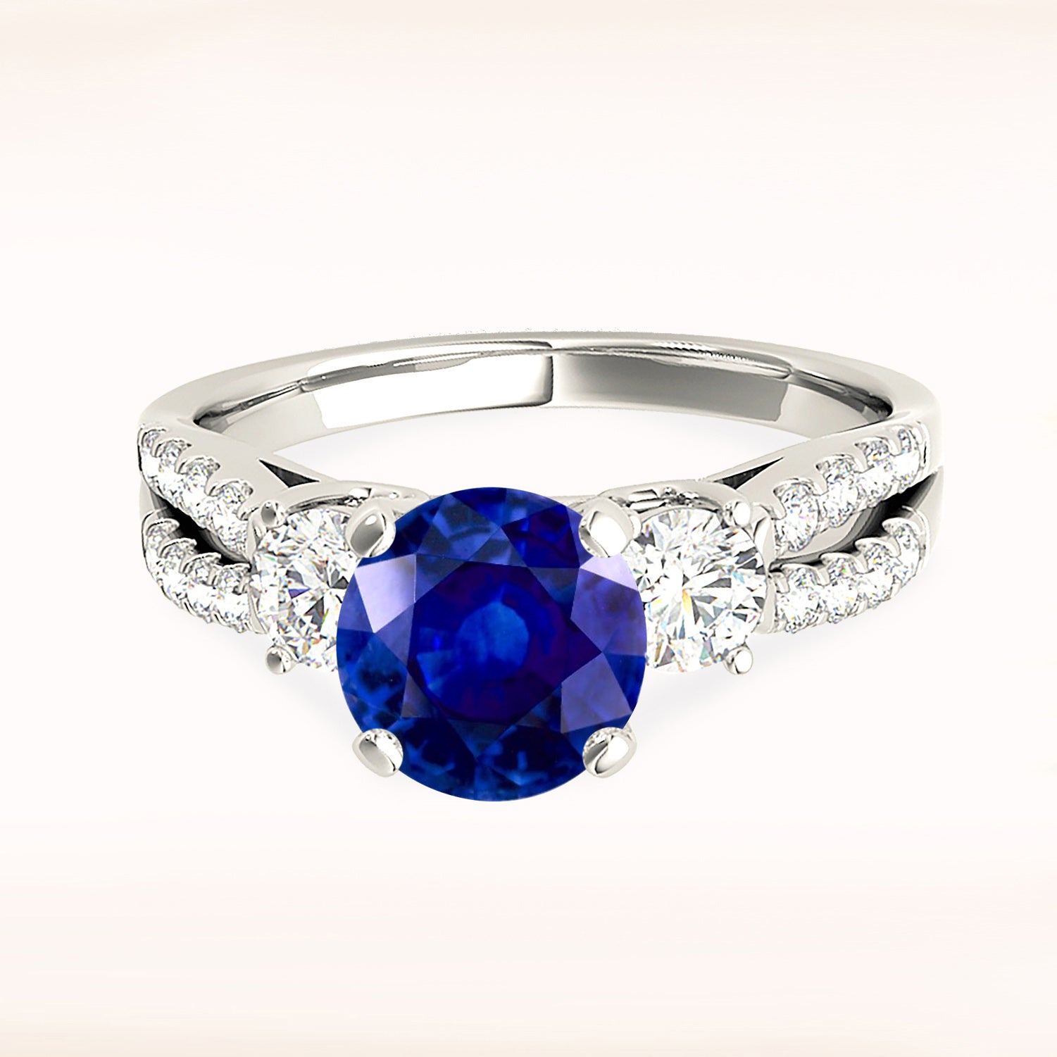 2.41 ct. Genuine Blue Sapphire Three Stone Ring With 0.50 ctw. Side Diamonds on Split Shank-VIRABYANI