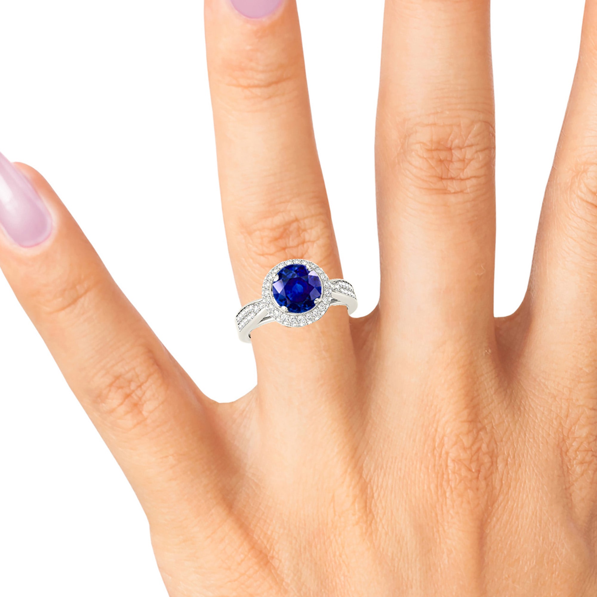 2.41 ct. Genuine Blue Sapphire Halo Ring With Pave Set Double Row 0.50 ctw. Side Diamonds-VIRABYANI