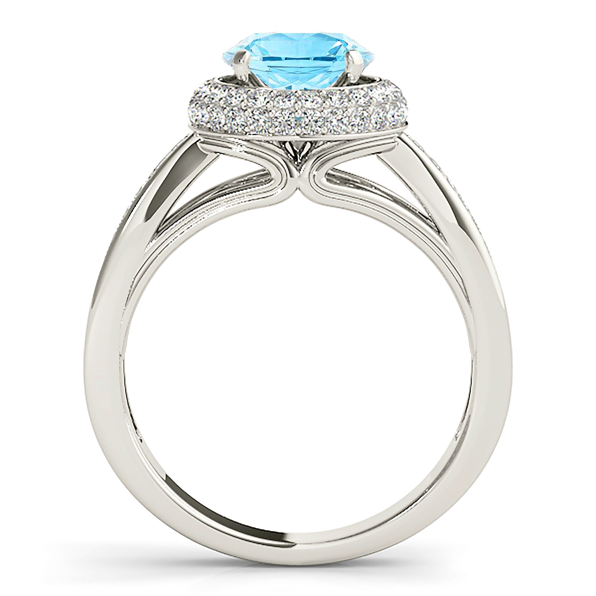 2.00 ct. Genuine Aquamarine Ring With 0.50 ctw. Diamond Double Edge Halo, Double Row Diamond Band | Round Blue Aquamarine Halo Ring-VIRABYANI