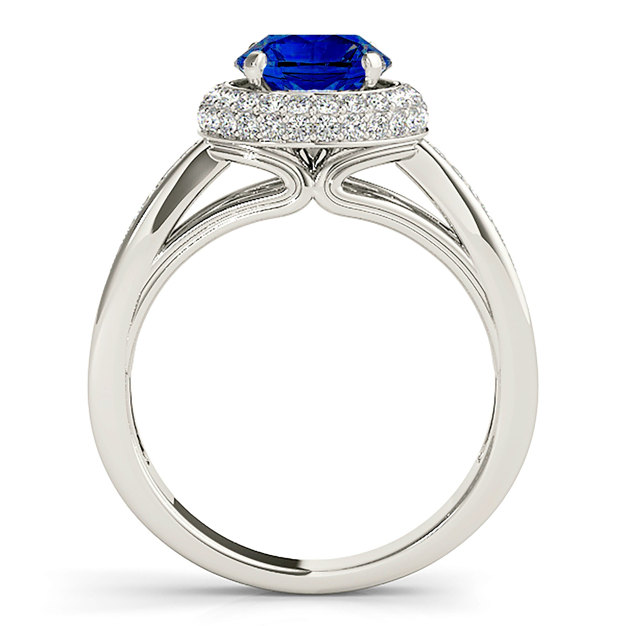 2.41 ct. Genuine Blue Sapphire Halo Ring With Pave Set Double Row 0.50 ctw. Side Diamonds-VIRABYANI