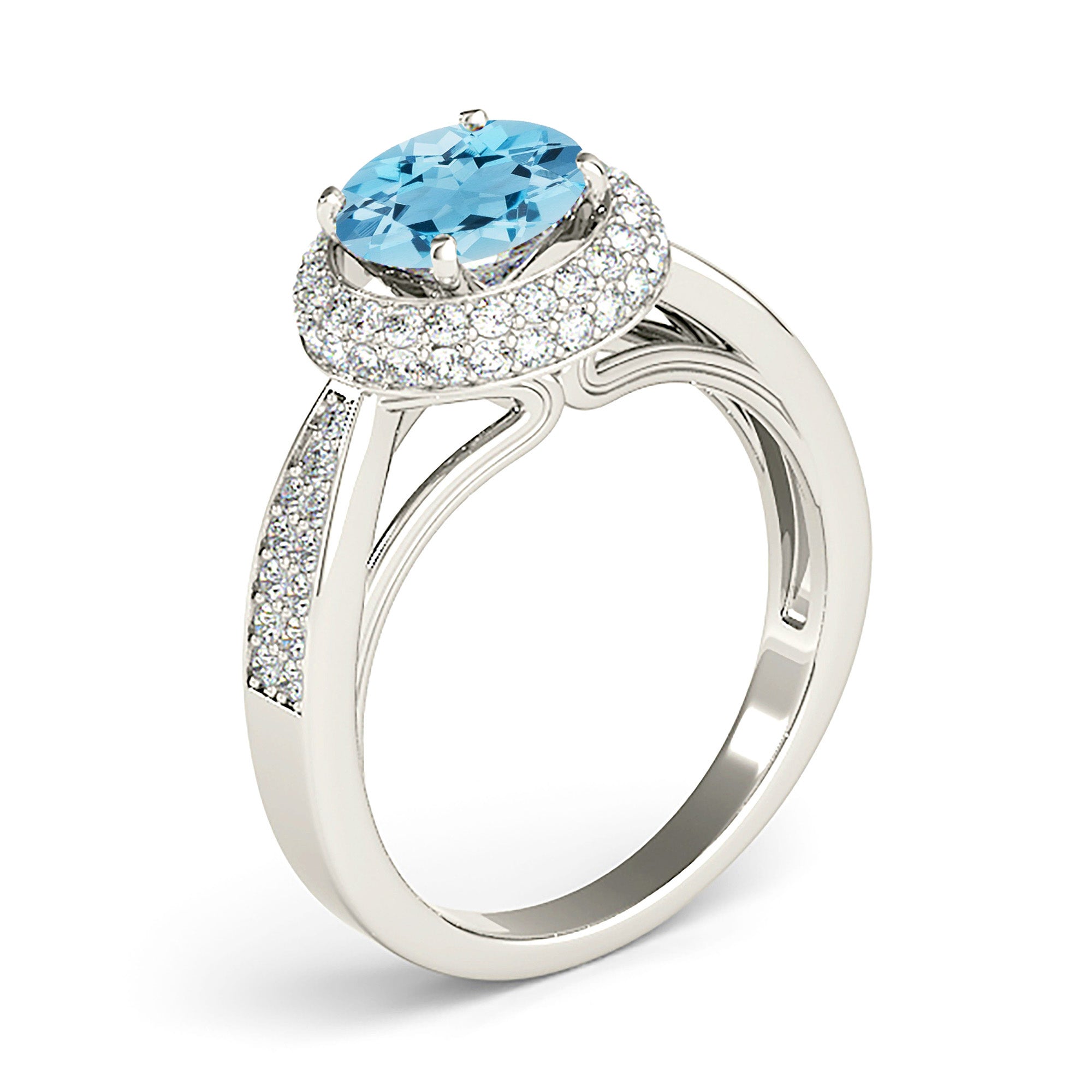 2.00 ct. Genuine Aquamarine Ring With 0.50 ctw. Diamond Double Edge Halo, Double Row Diamond Band | Round Blue Aquamarine Halo Ring-in 14K/18K White, Yellow, Rose Gold and Platinum - Christmas Jewelry Gift -VIRABYANI