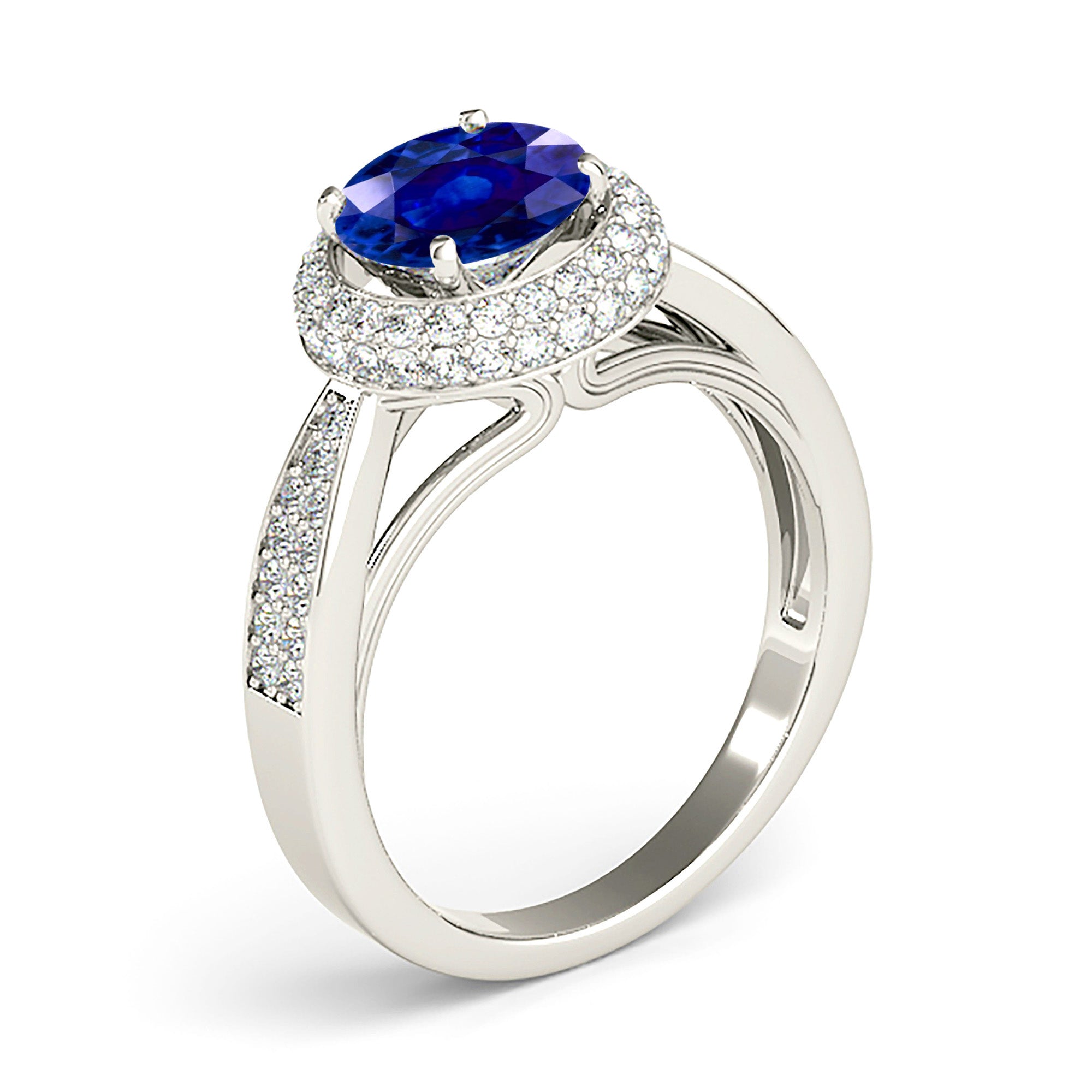 2.41 ct. Genuine Blue Sapphire Halo Ring With Pave Set Double Row 0.50 ctw. Side Diamonds-VIRABYANI