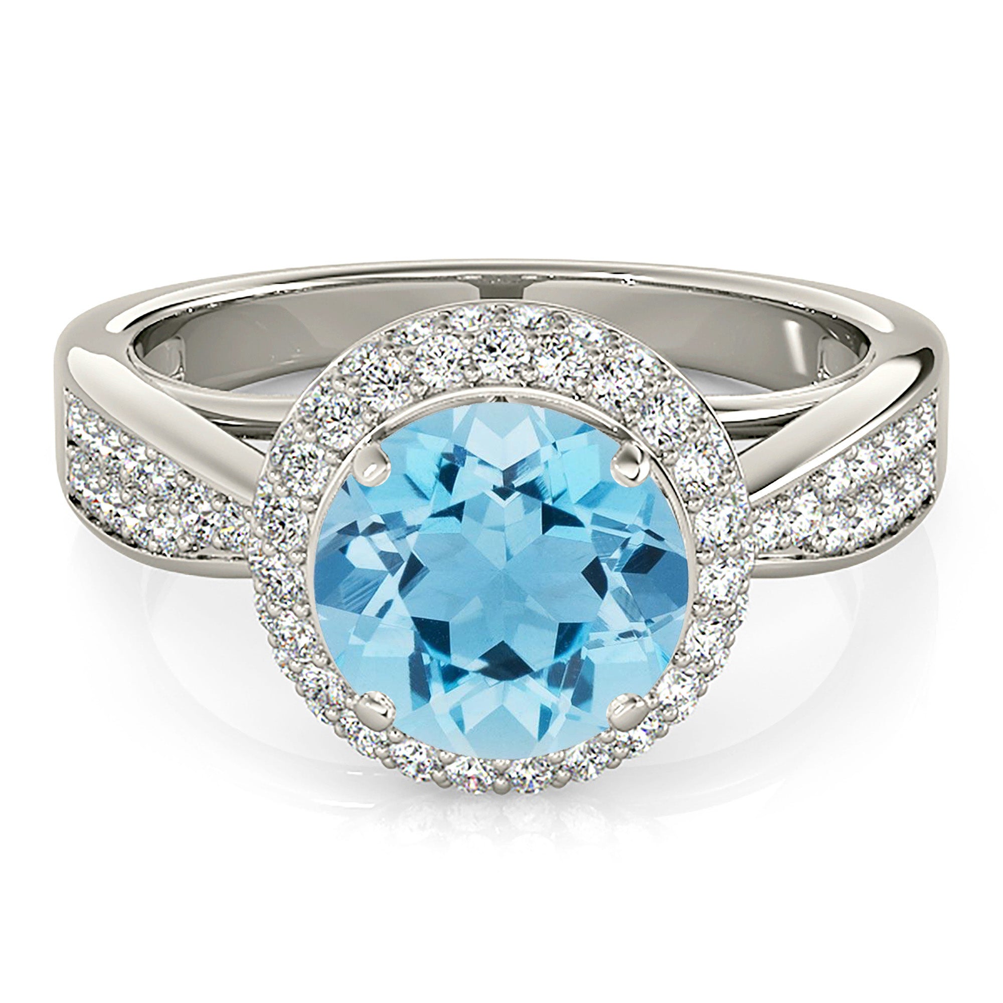 2.00 ct. Genuine Aquamarine Ring With 0.50 ctw. Diamond Double Edge Halo, Double Row Diamond Band | Round Blue Aquamarine Halo Ring-VIRABYANI