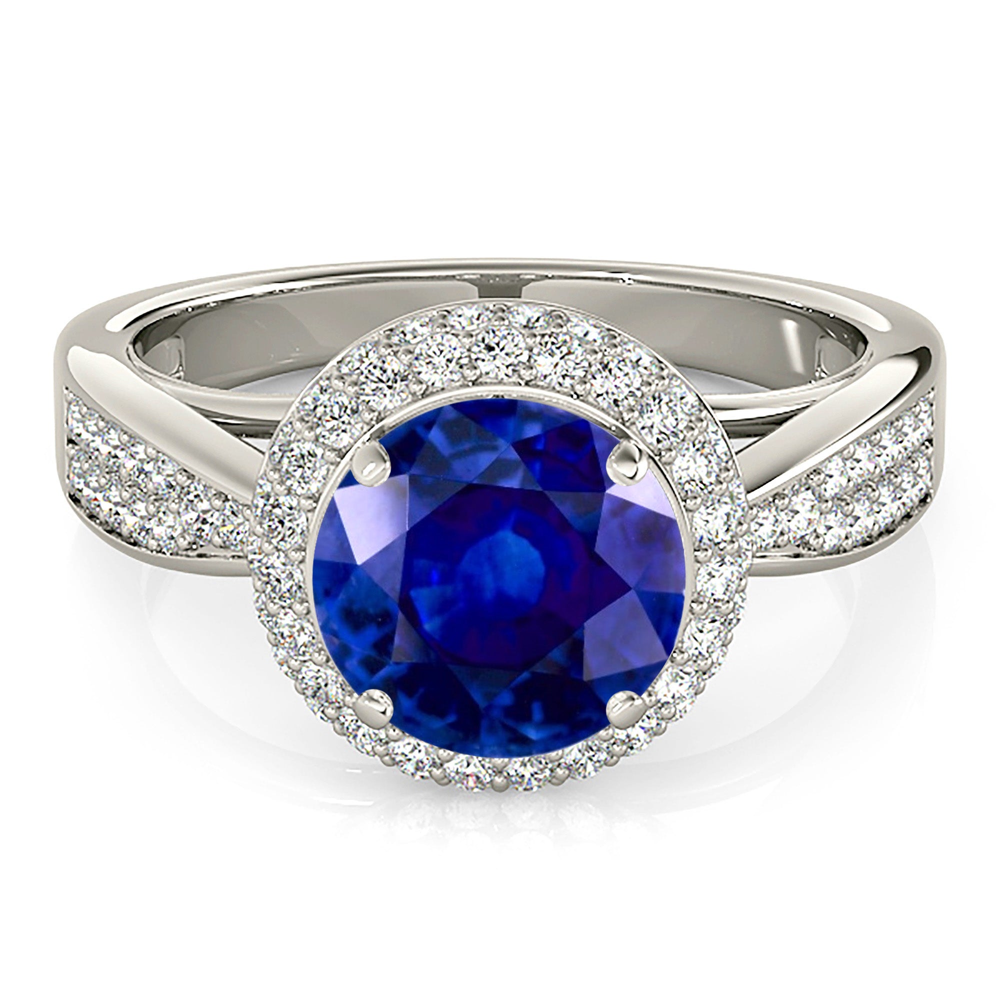2.41 ct. Genuine Blue Sapphire Halo Ring With Pave Set Double Row 0.50 ctw. Side Diamonds-VIRABYANI