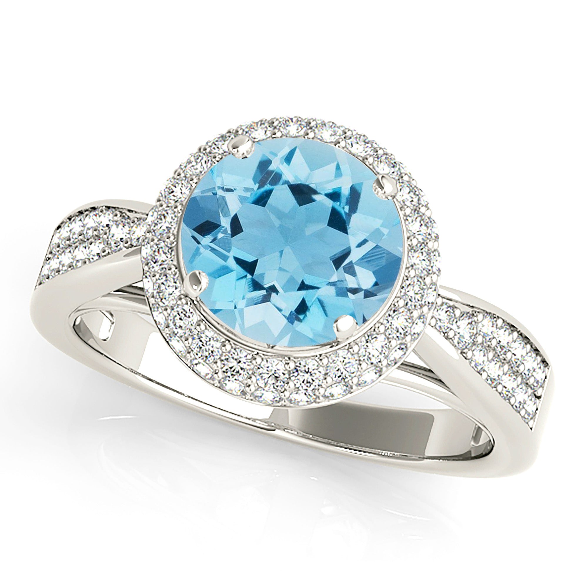 2.00 ct. Genuine Aquamarine Ring With 0.50 ctw. Diamond Double Edge Halo, Double Row Diamond Band | Round Blue Aquamarine Halo Ring-VIRABYANI