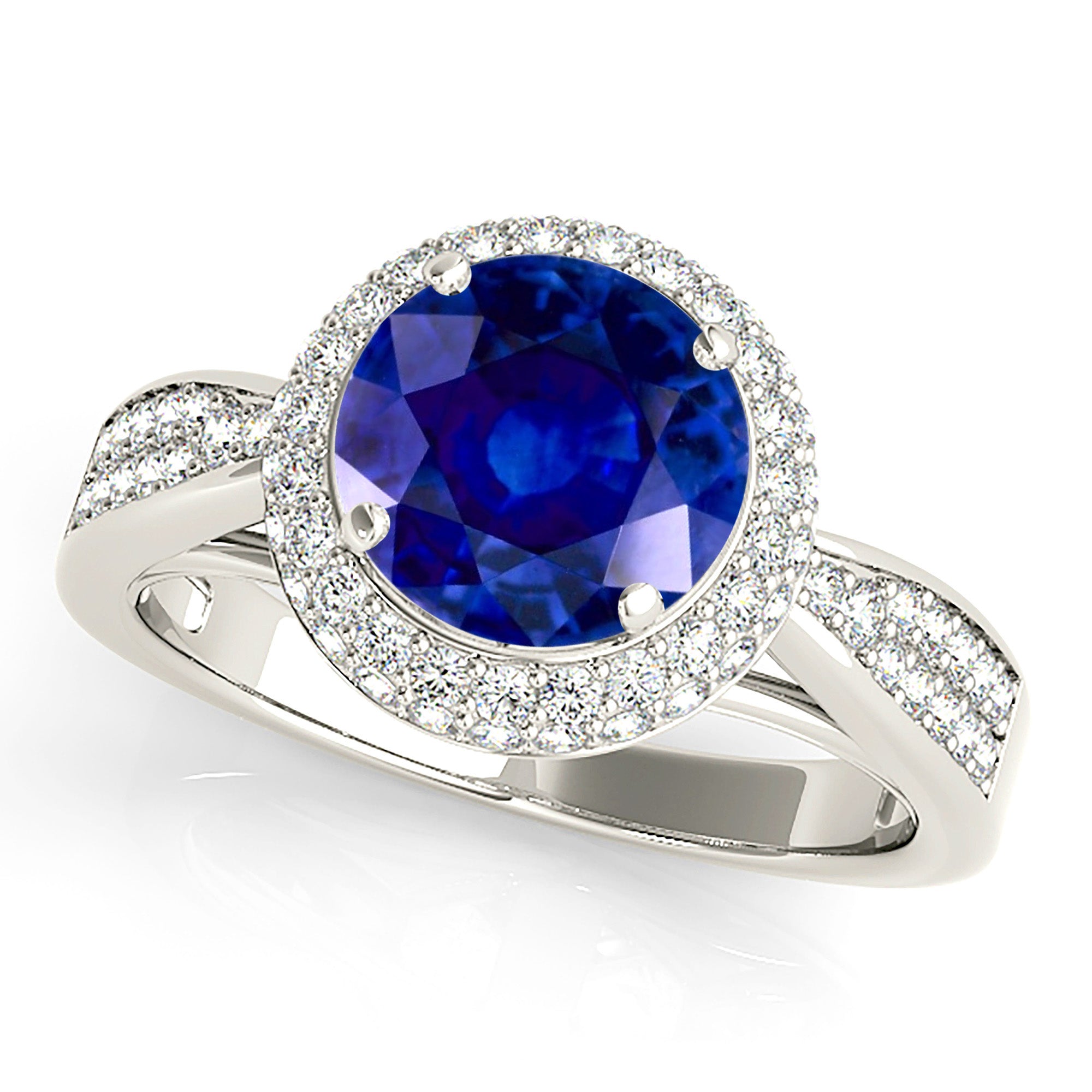 2.41 ct. Genuine Blue Sapphire Halo Ring With Pave Set Double Row 0.50 ctw. Side Diamonds-VIRABYANI