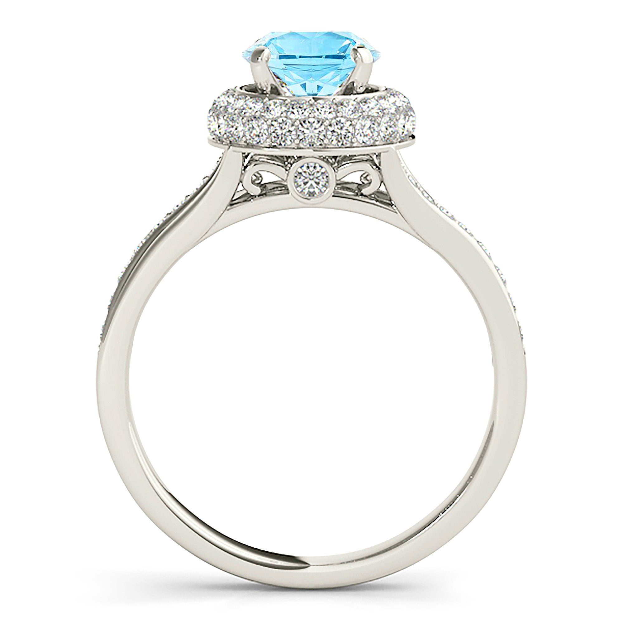 1.10 ct. Genuine Aquamarine Ring With 0.50 ctw. Diamond Double Edge Halo, Accent Diamond Side, Split V Shank | Blue Aquamarine Halo Ring-VIRABYANI