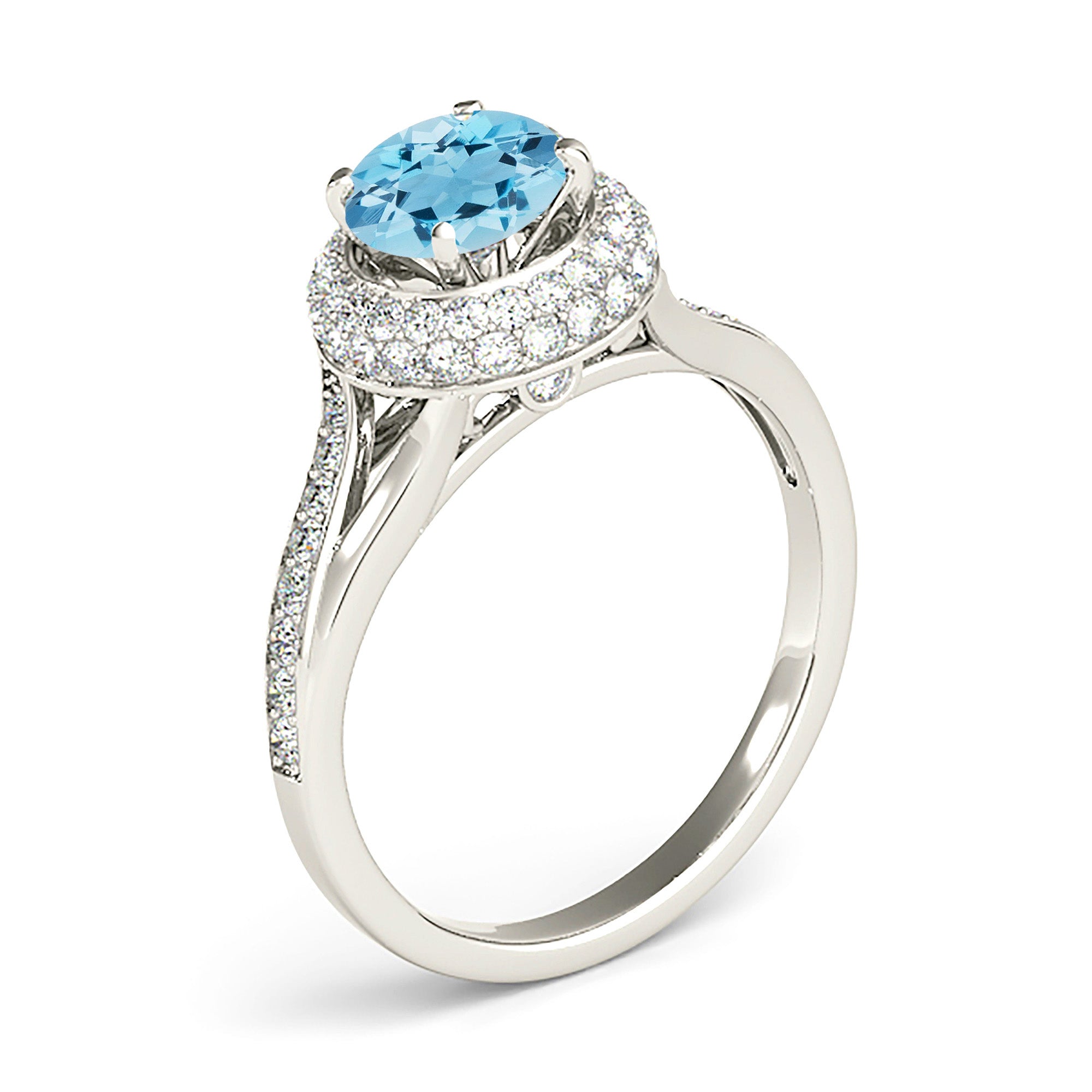 1.10 ct. Genuine Aquamarine Ring With 0.50 ctw. Diamond Double Edge Halo, Accent Diamond Side, Split V Shank | Blue Aquamarine Halo Ring-VIRABYANI
