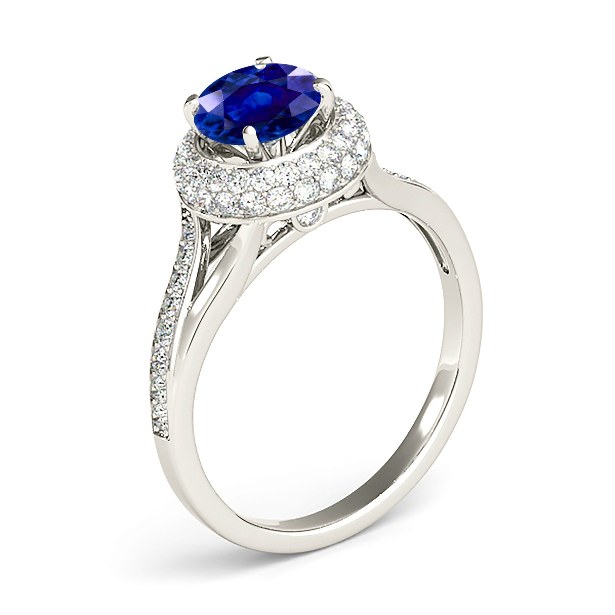 1.35 ct. Genuine Blue Sapphire Split Shank Beautiful Pave Set Halo Ring With 0.50 ctw. Diamonds-VIRABYANI