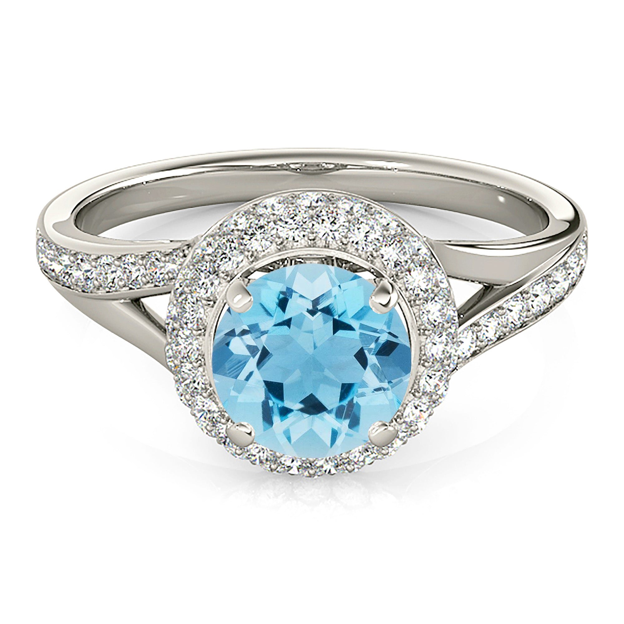1.10 ct. Genuine Aquamarine Ring With 0.50 ctw. Diamond Double Edge Halo, Accent Diamond Side, Split V Shank | Blue Aquamarine Halo Ring-VIRABYANI