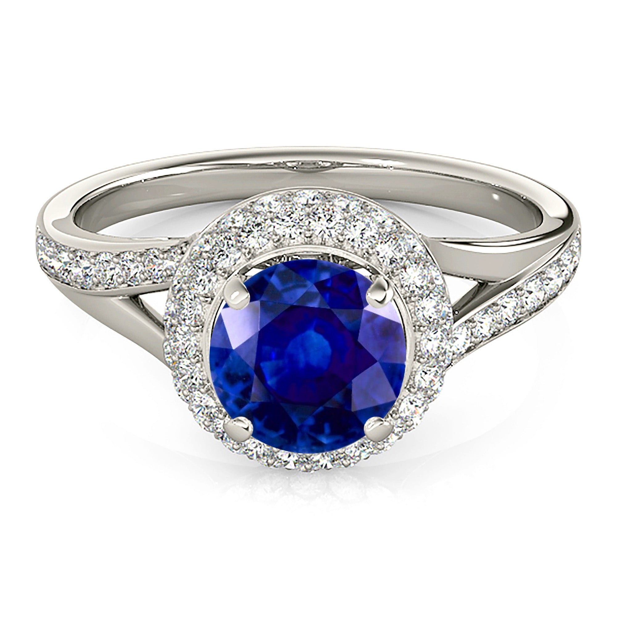 1.35 ct. Genuine Blue Sapphire Split Shank Beautiful Pave Set Halo Ring With 0.50 ctw. Diamonds-VIRABYANI