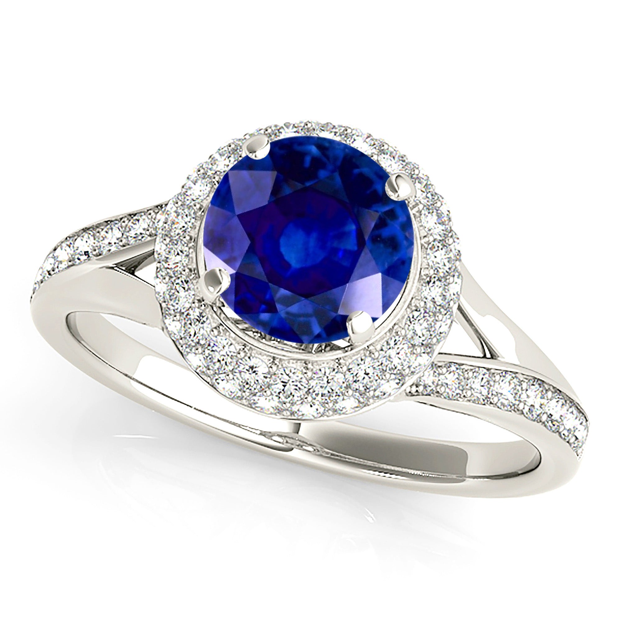 1.35 ct. Genuine Blue Sapphire Split Shank Beautiful Pave Set Halo Ring With 0.50 ctw. Diamonds-VIRABYANI