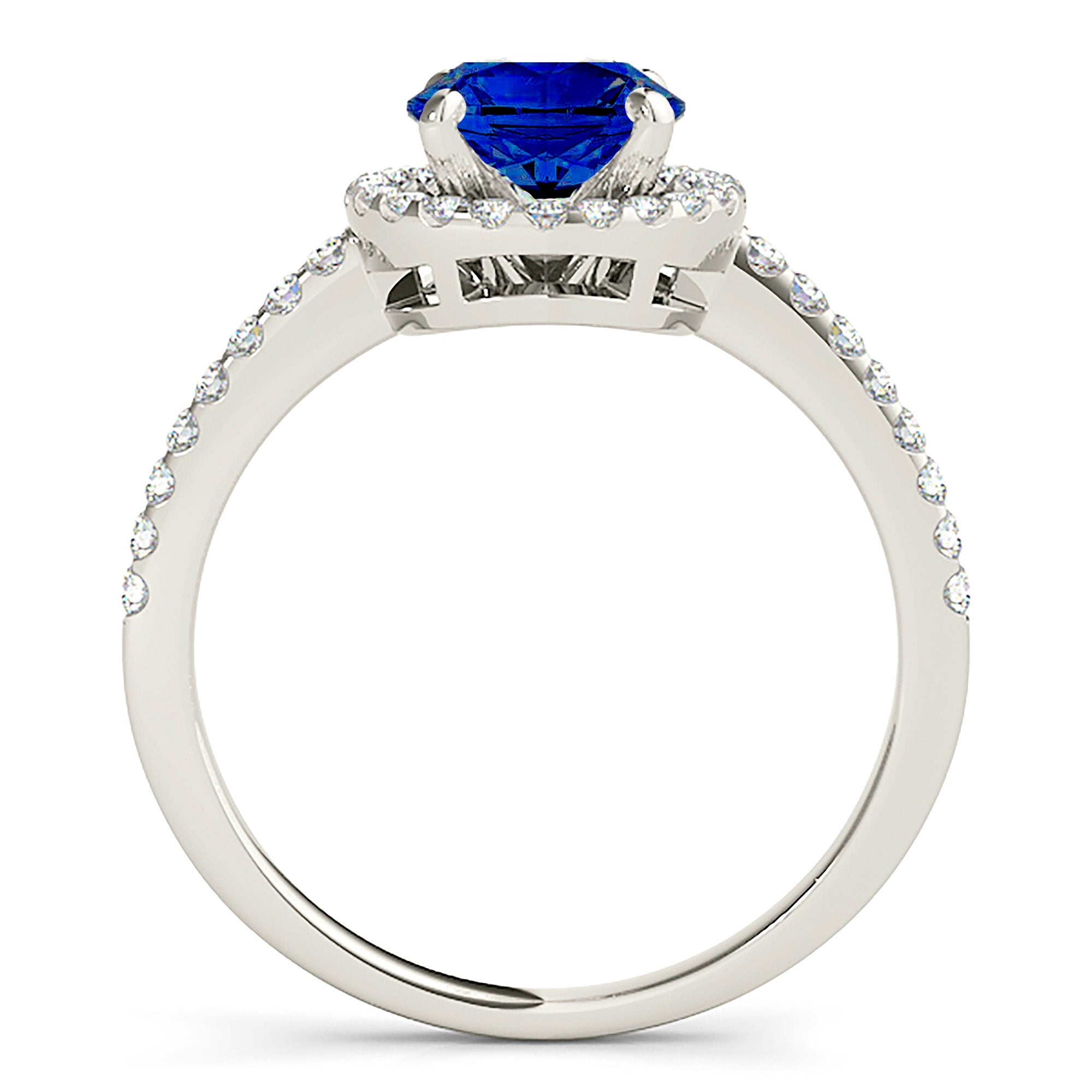 2.41 ct. Genuine Blue Sapphire Four Prong Halo Ring with 0.35 ctw. Side Diamonds-VIRABYANI