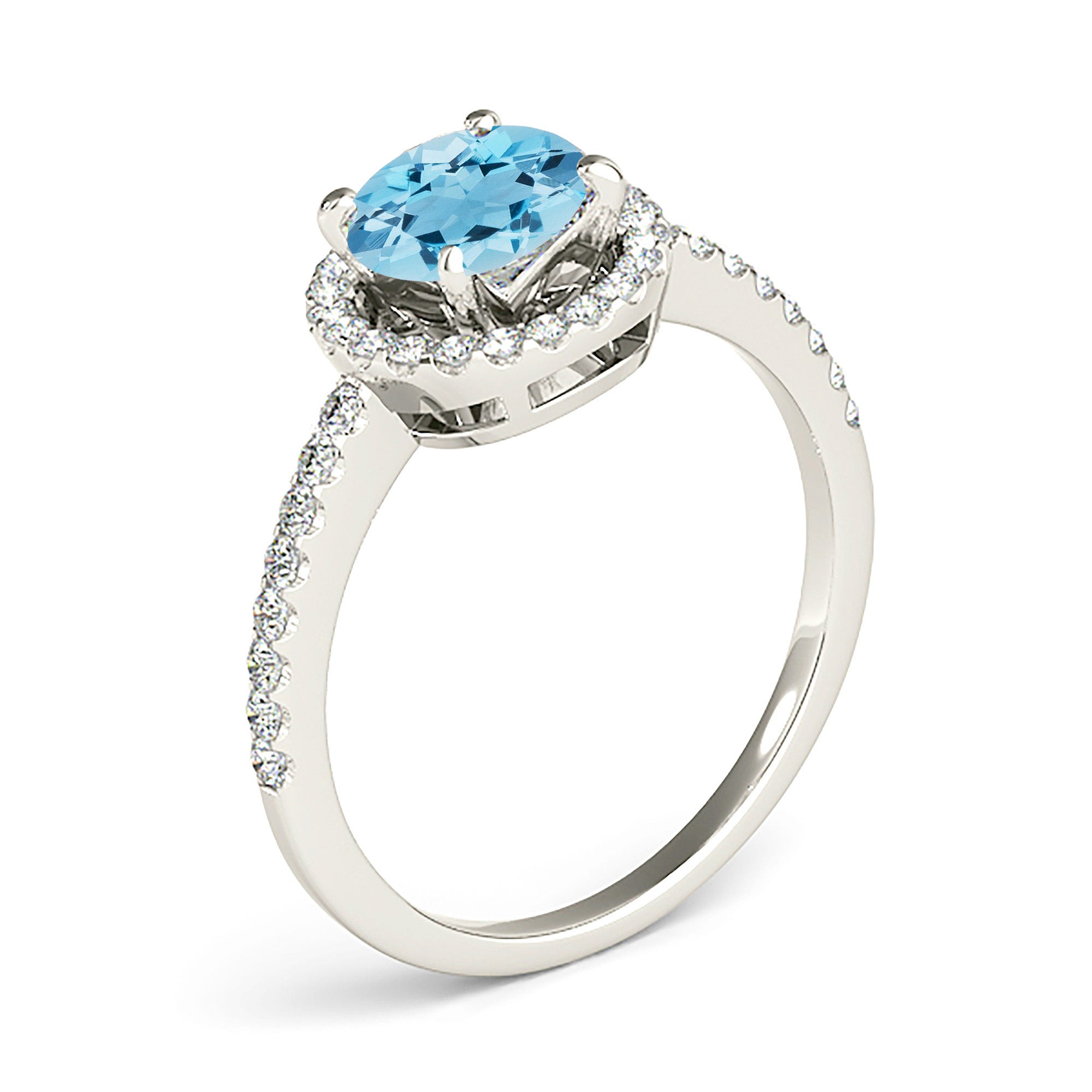 2.00 ct. Genuine Aquamarine Ring With 0.35 ctw. Diamond Halo , Delicate Diamond Band | Round Blue Aquamarine Halo Ring-VIRABYANI