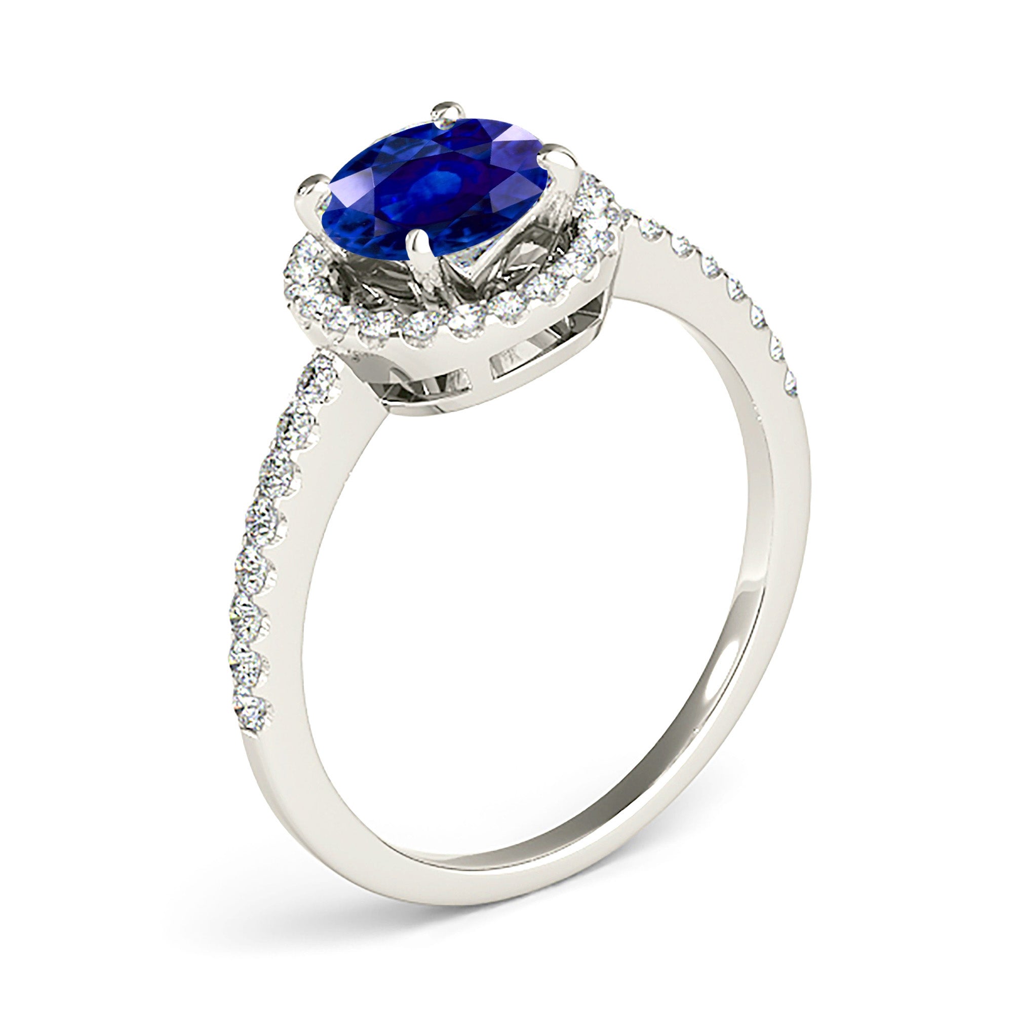 2.41 ct. Genuine Blue Sapphire Four Prong Halo Ring with 0.35 ctw. Side Diamonds-VIRABYANI