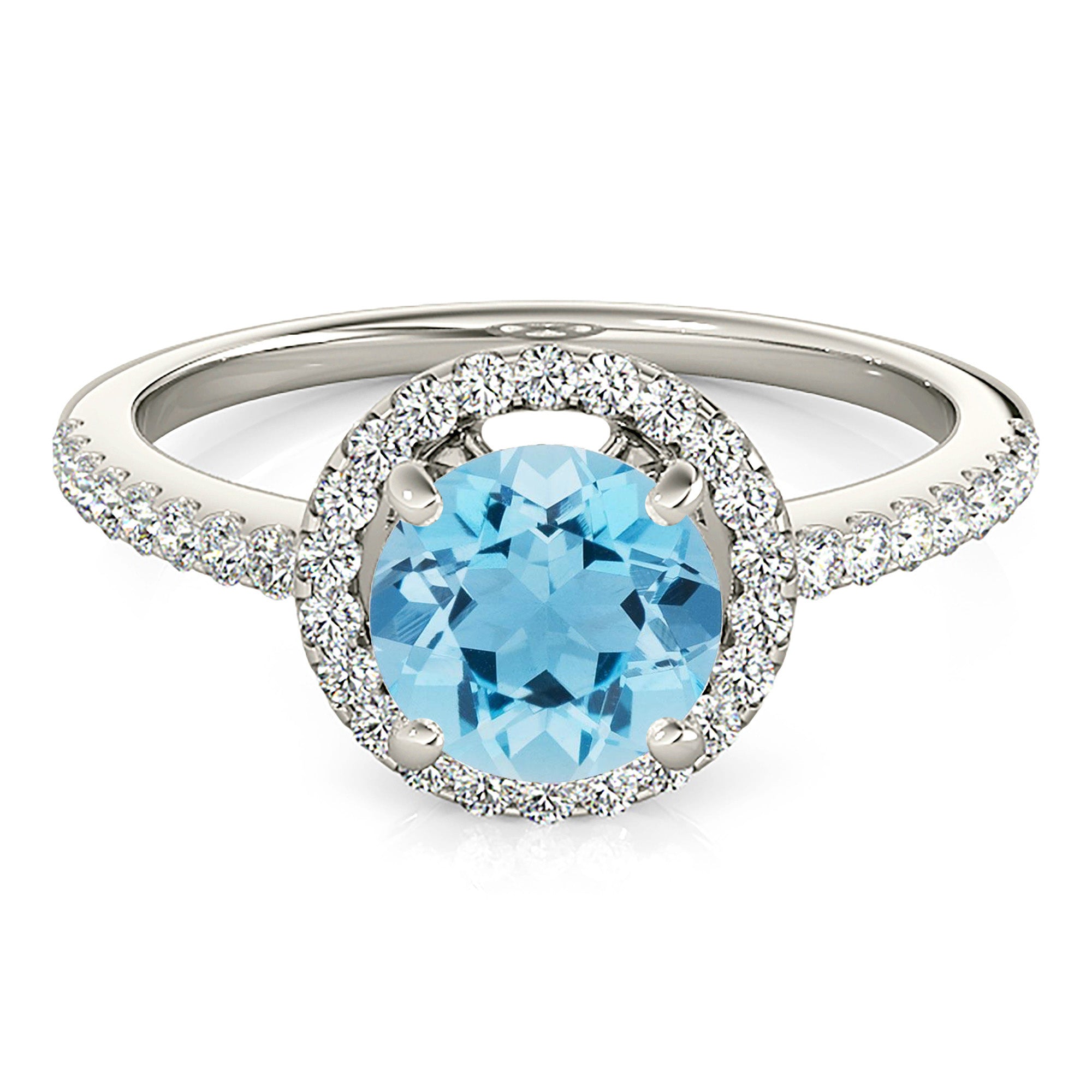 2.00 ct. Genuine Aquamarine Ring With 0.35 ctw. Diamond Halo , Delicate Diamond Band | Round Blue Aquamarine Halo Ring-VIRABYANI