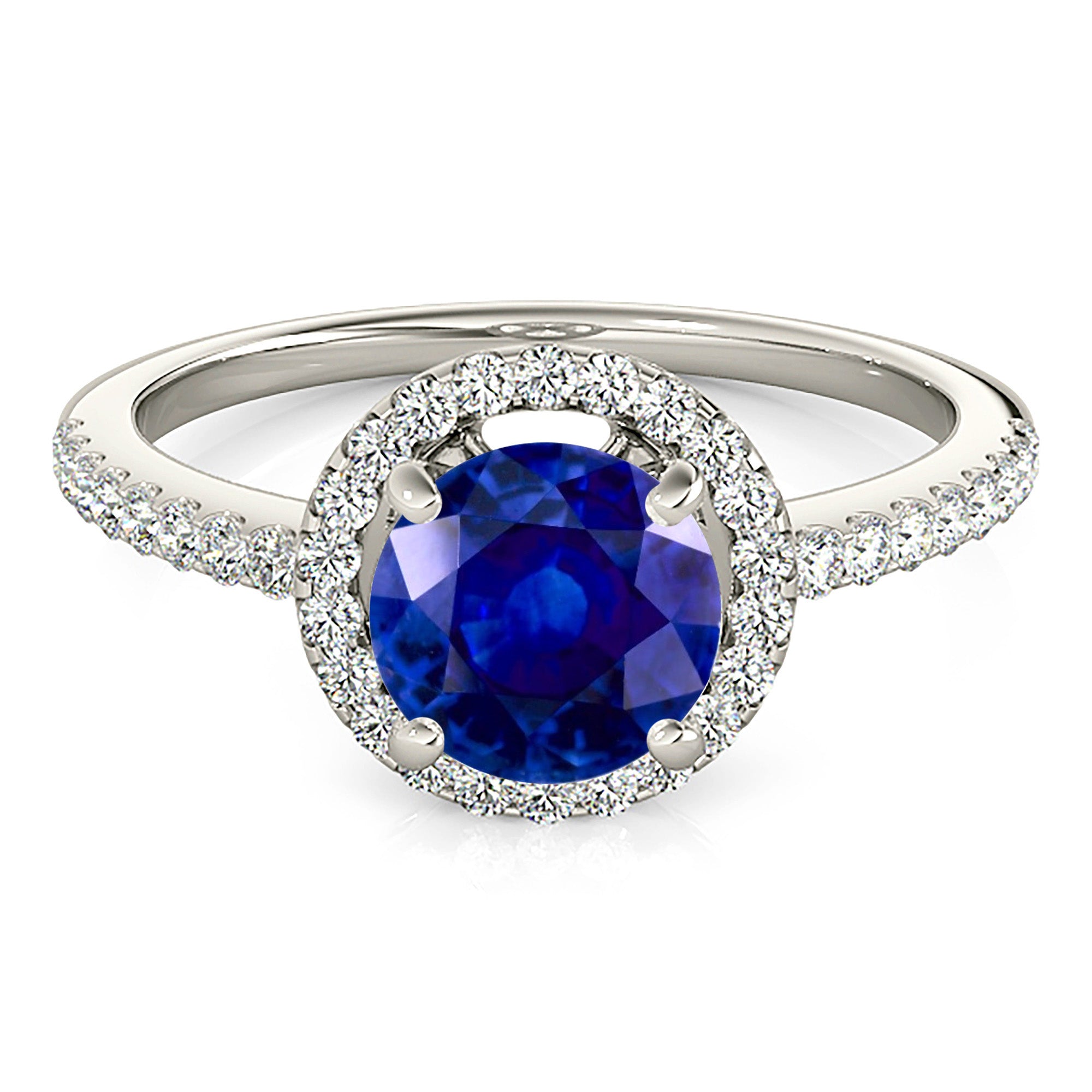 2.41 ct. Genuine Blue Sapphire Four Prong Halo Ring with 0.35 ctw. Side Diamonds-VIRABYANI