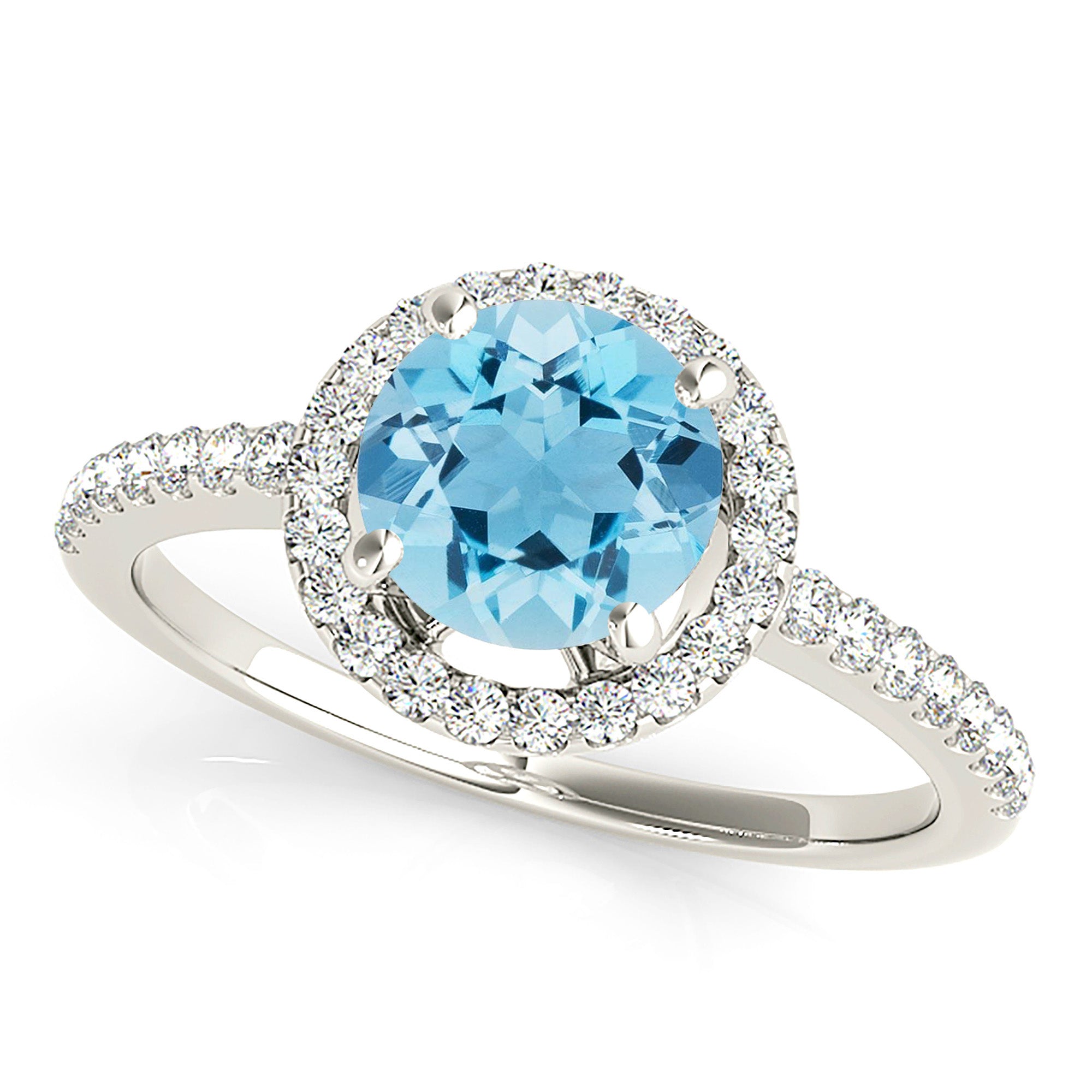 2.00 ct. Genuine Aquamarine Ring With 0.35 ctw. Diamond Halo , Delicate Diamond Band | Round Blue Aquamarine Halo Ring-VIRABYANI