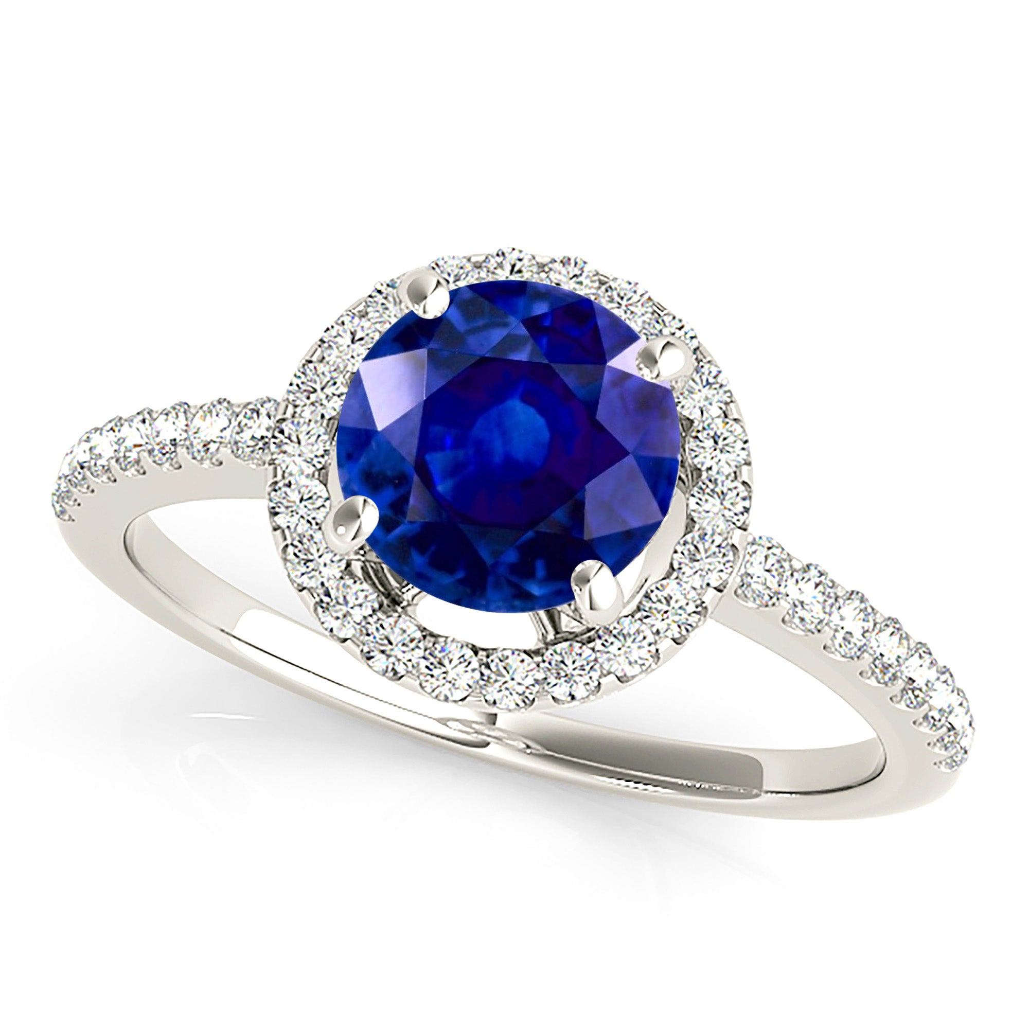 2.41 ct. Genuine Blue Sapphire Four Prong Halo Ring with 0.35 ctw. Side Diamonds-VIRABYANI