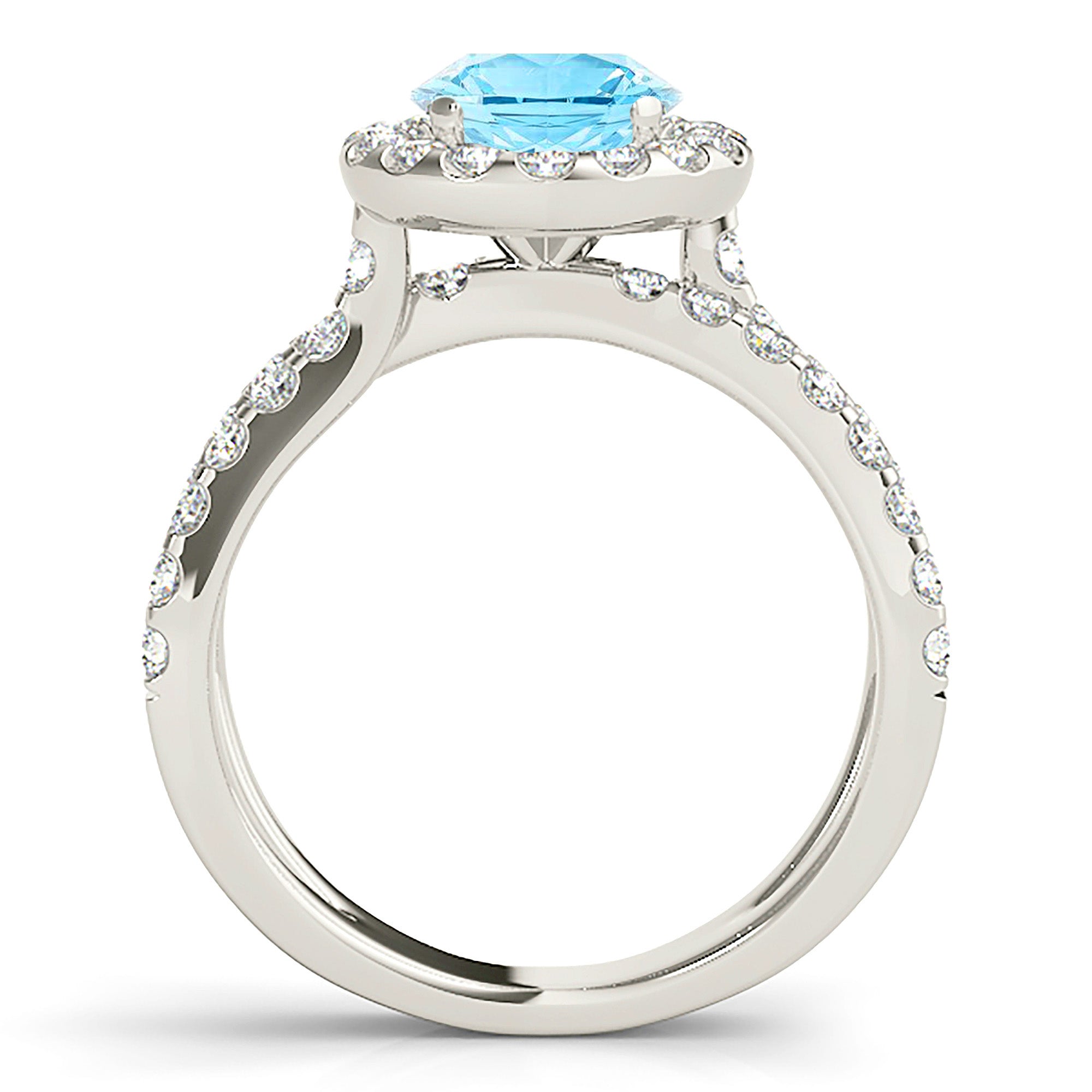 1.75 ct. Genuine Aquamarine Ring With 0.90 ctw. Diamond Halo And Criss-Cross Split Band | Round Blue Aquamarine Halo Ring-VIRABYANI