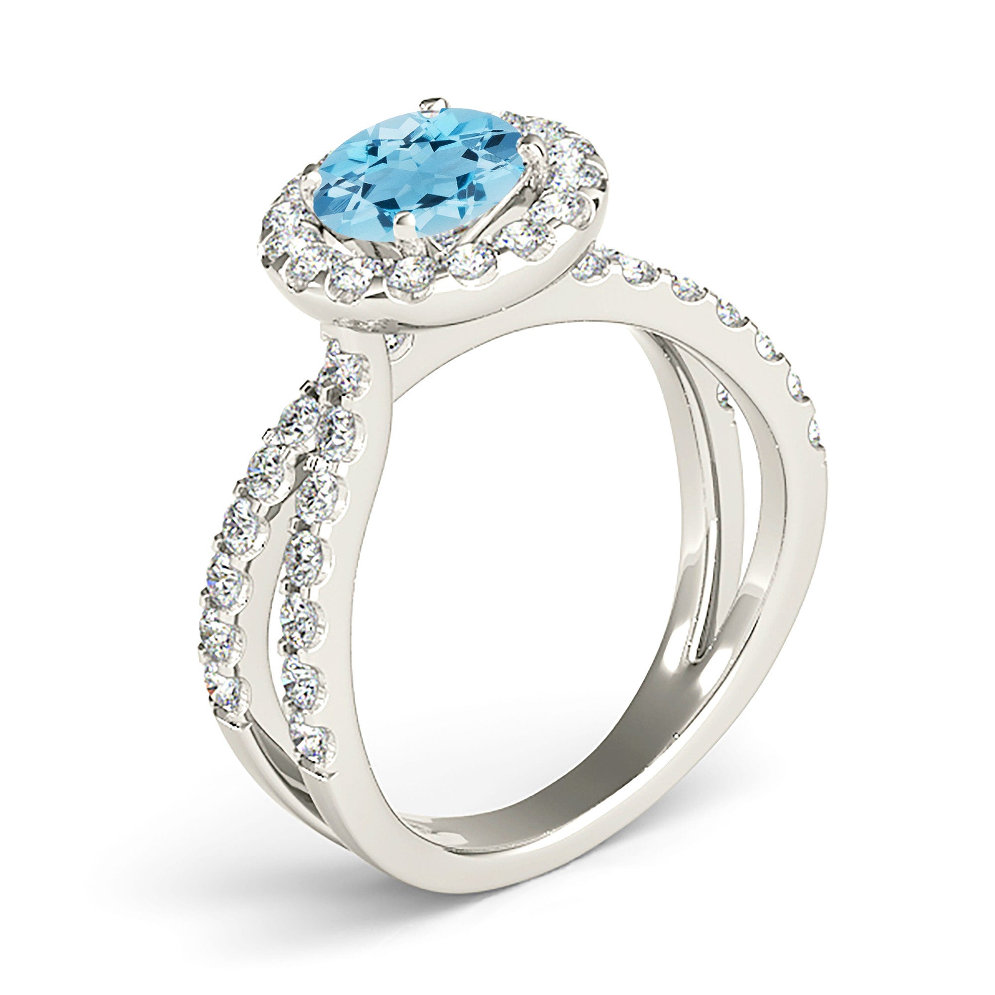 1.75 ct. Genuine Aquamarine Ring With 0.90 ctw. Diamond Halo And Criss-Cross Split Band | Round Blue Aquamarine Halo Ring-VIRABYANI