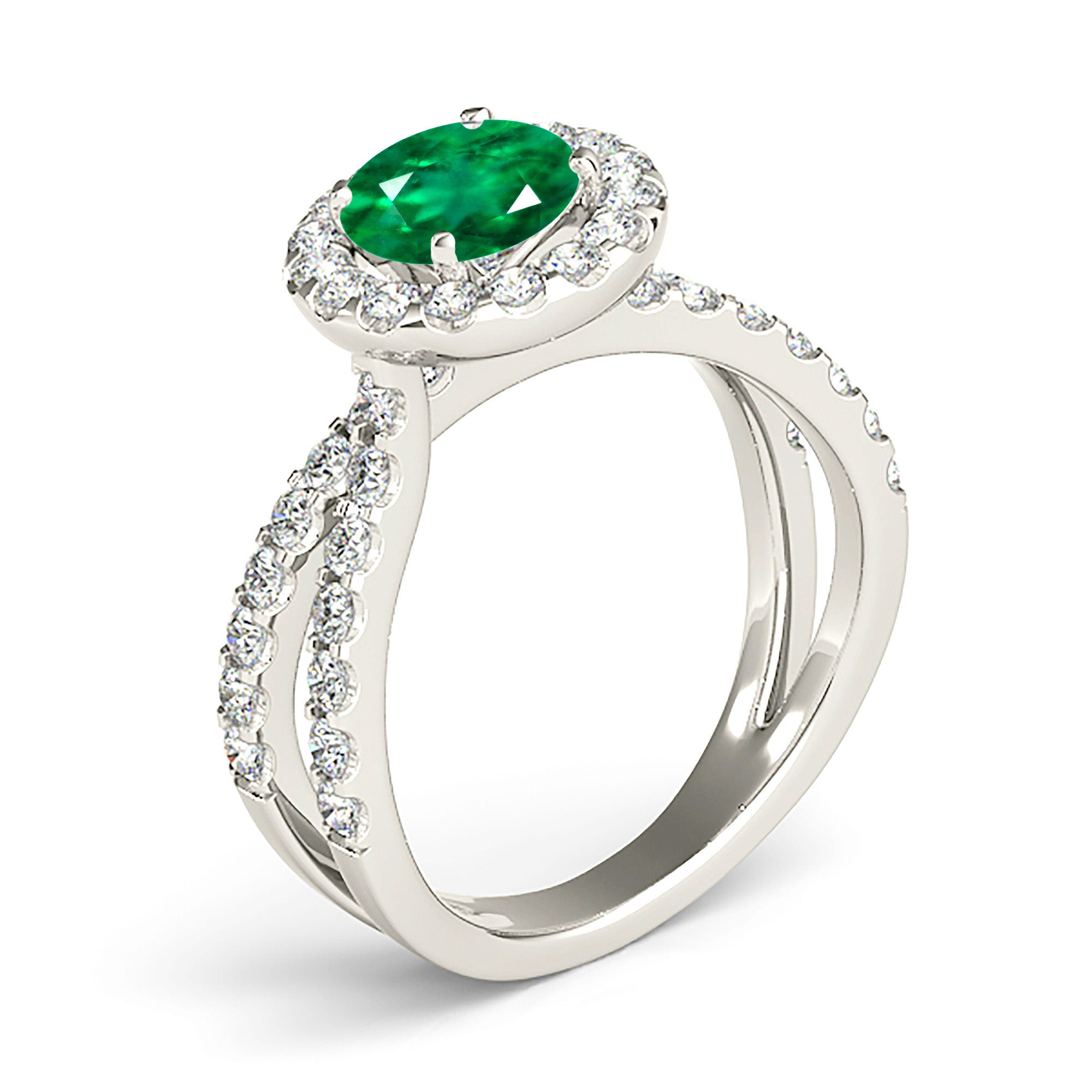 1.75 ct. Genuine Emerald Halo Criss Cross Ring with 0.90 ctw. Side Diamonds-VIRABYANI