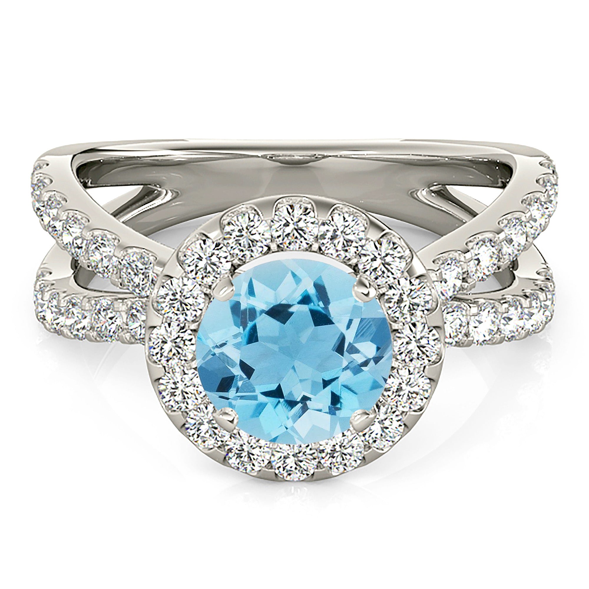1.75 ct. Genuine Aquamarine Ring With 0.90 ctw. Diamond Halo And Criss-Cross Split Band | Round Blue Aquamarine Halo Ring-in 14K/18K White, Yellow, Rose Gold and Platinum - Christmas Jewelry Gift -VIRABYANI