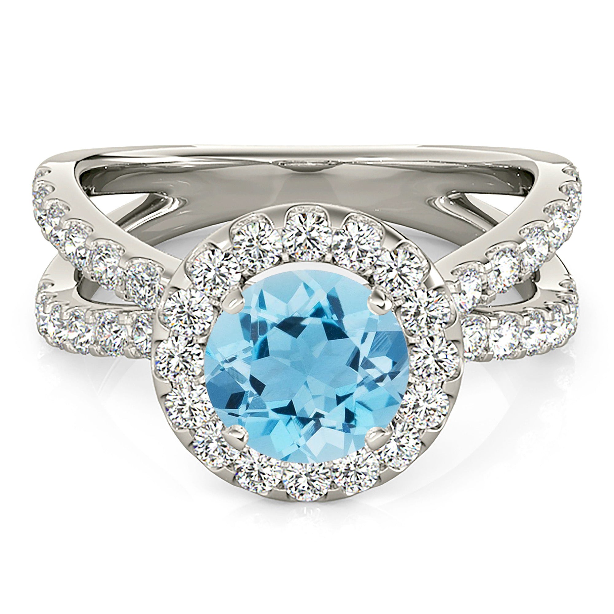 1.75 ct. Genuine Aquamarine Ring With 0.90 ctw. Diamond Halo And Criss-Cross Split Band | Round Blue Aquamarine Halo Ring-VIRABYANI