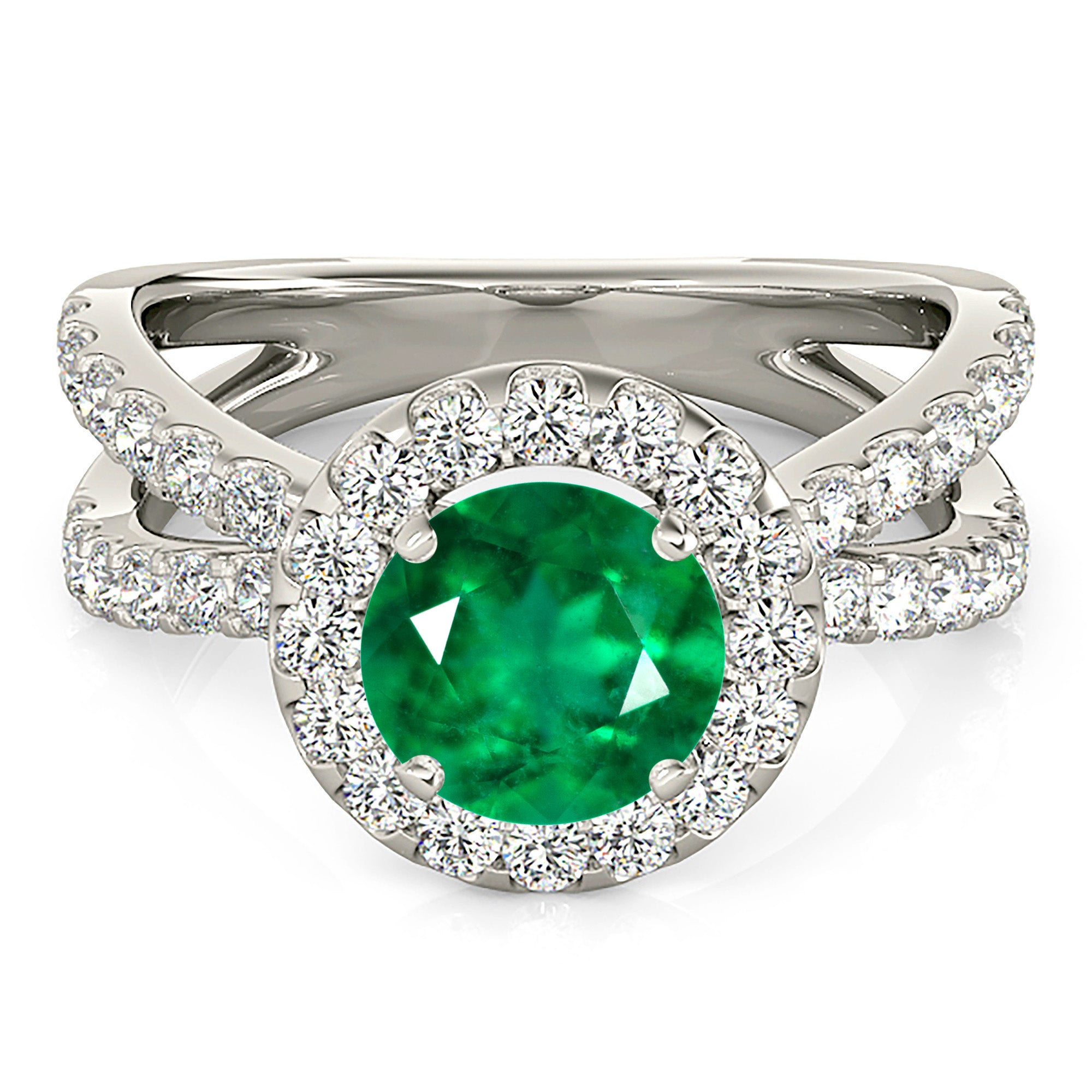 1.75 ct. Genuine Emerald Halo Criss Cross Ring with 0.90 ctw. Side Diamonds-in 14K/18K White, Yellow, Rose Gold and Platinum - Christmas Jewelry Gift -VIRABYANI