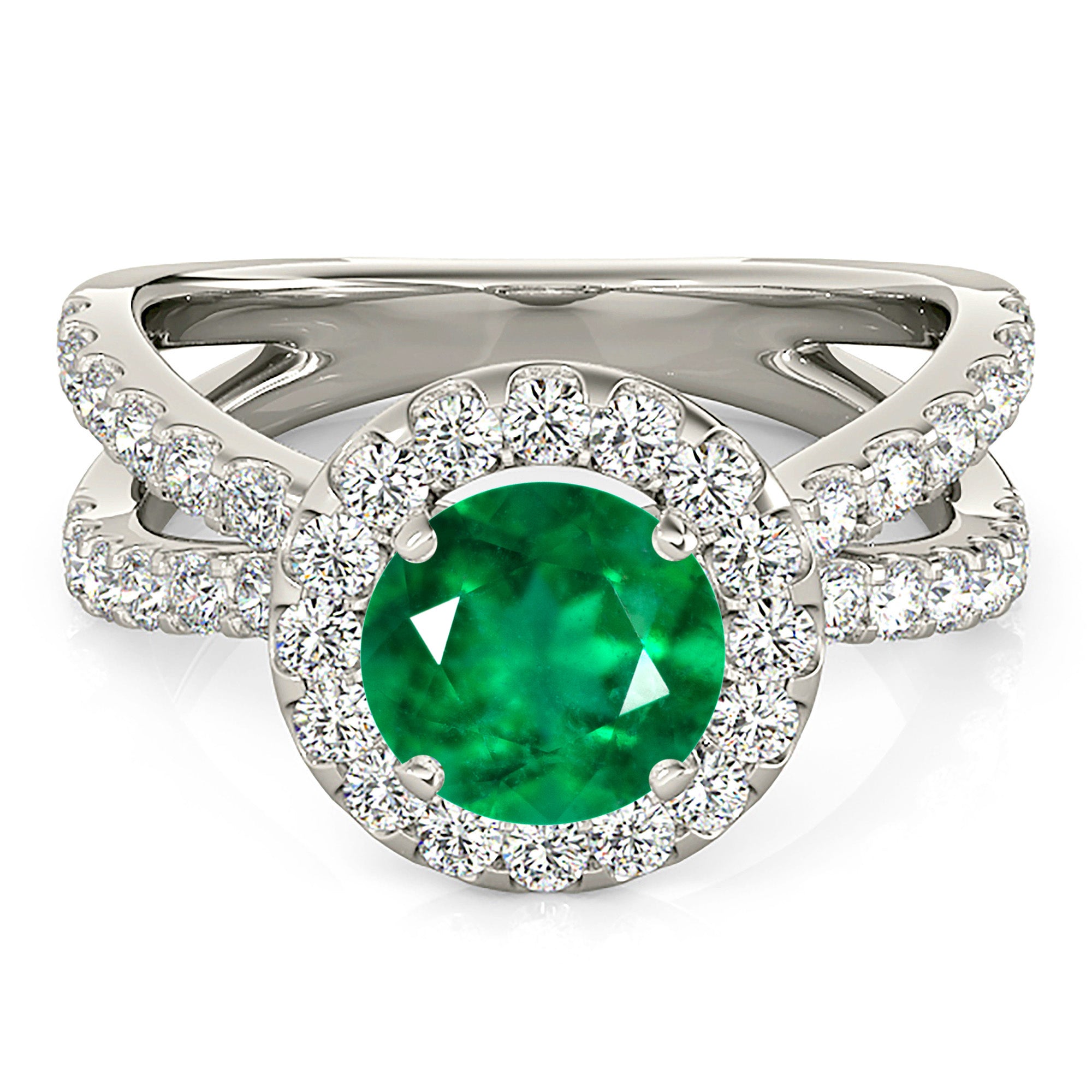 1.75 ct. Genuine Emerald Halo Criss Cross Ring with 0.90 ctw. Side Diamonds-VIRABYANI