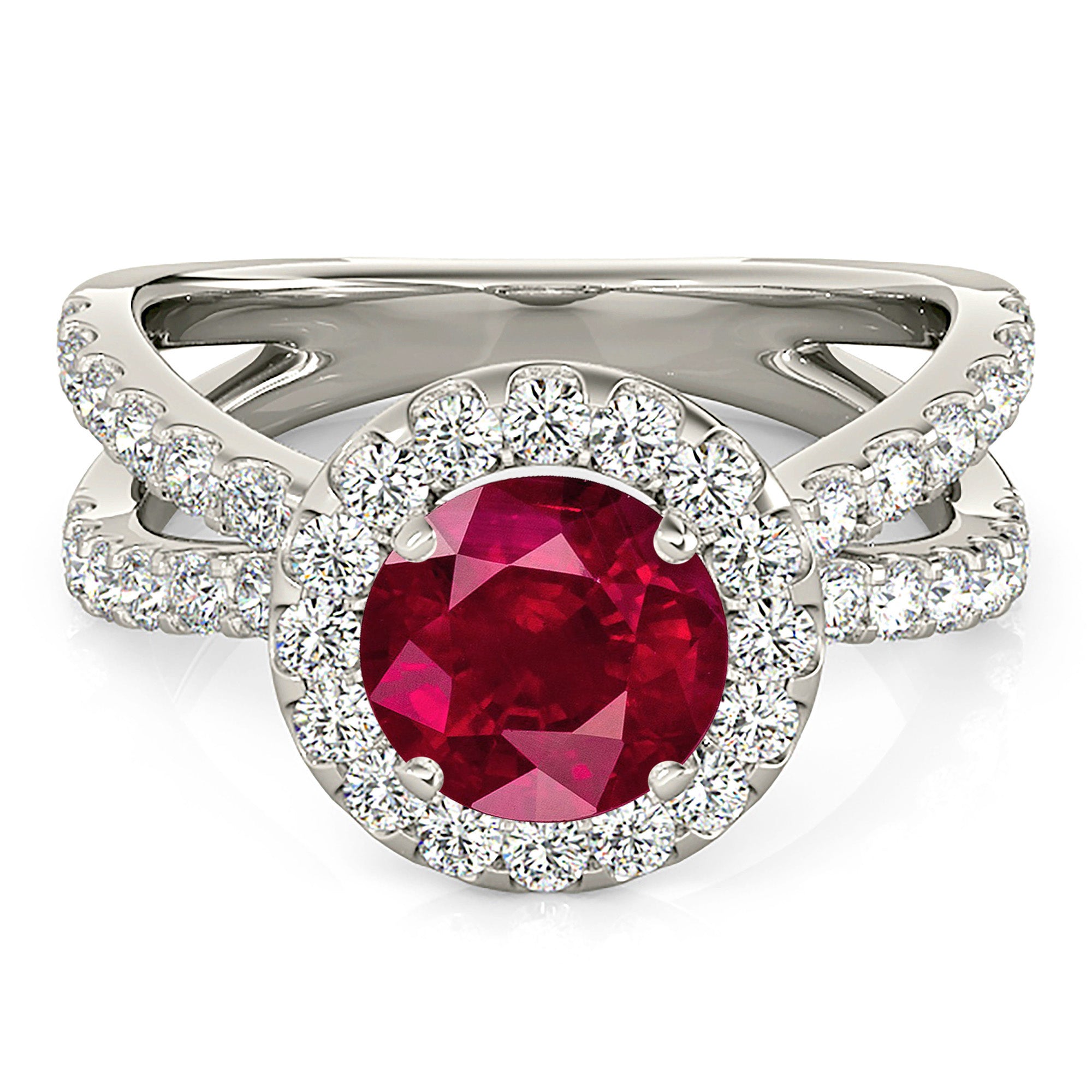 1.79 ct. Genuine Ruby Ring With 0.90 ctw. Diamond Halo And Open Split Diamond Shank-in 14K/18K White, Yellow, Rose Gold and Platinum - Christmas Jewelry Gift -VIRABYANI