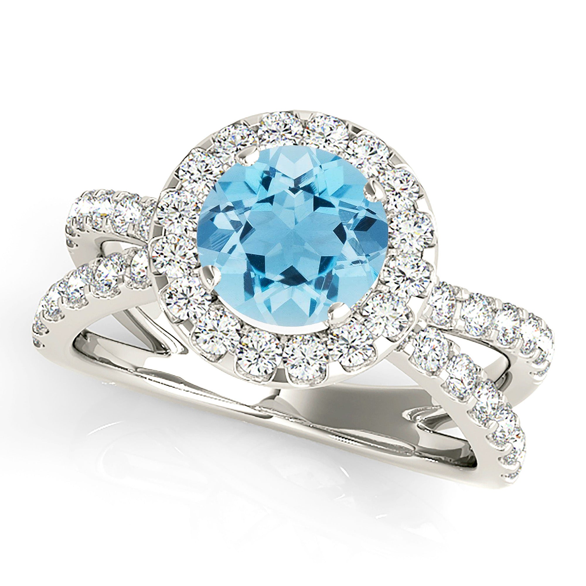 1.75 ct. Genuine Aquamarine Ring With 0.90 ctw. Diamond Halo And Criss-Cross Split Band | Round Blue Aquamarine Halo Ring-VIRABYANI