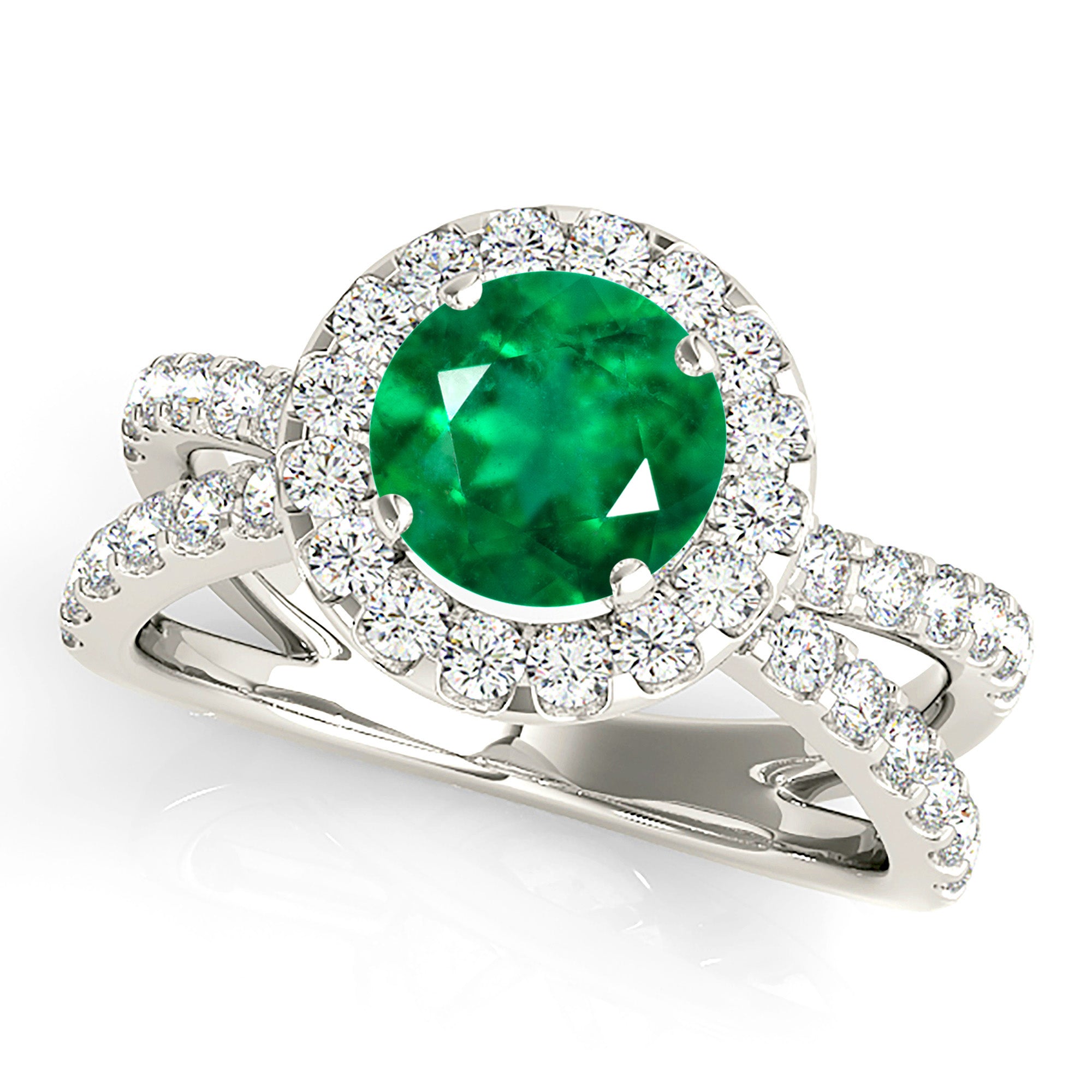1.75 ct. Genuine Emerald Halo Criss Cross Ring with 0.90 ctw. Side Diamonds-VIRABYANI