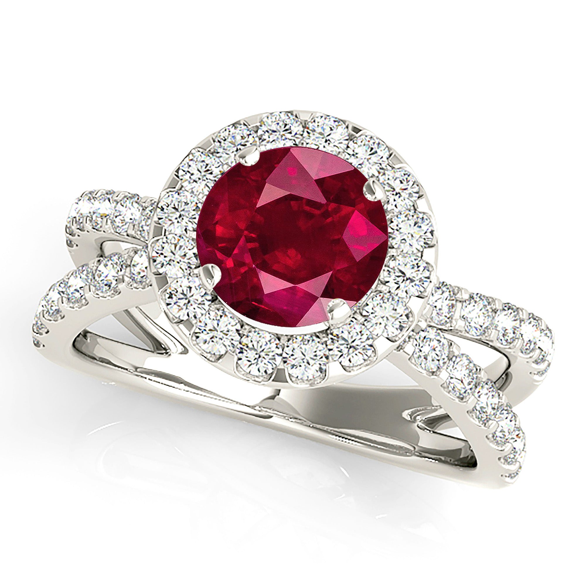 1.79 ct. Genuine Ruby Ring With 0.90 ctw. Diamond Halo And Open Split Diamond Shank-VIRABYANI