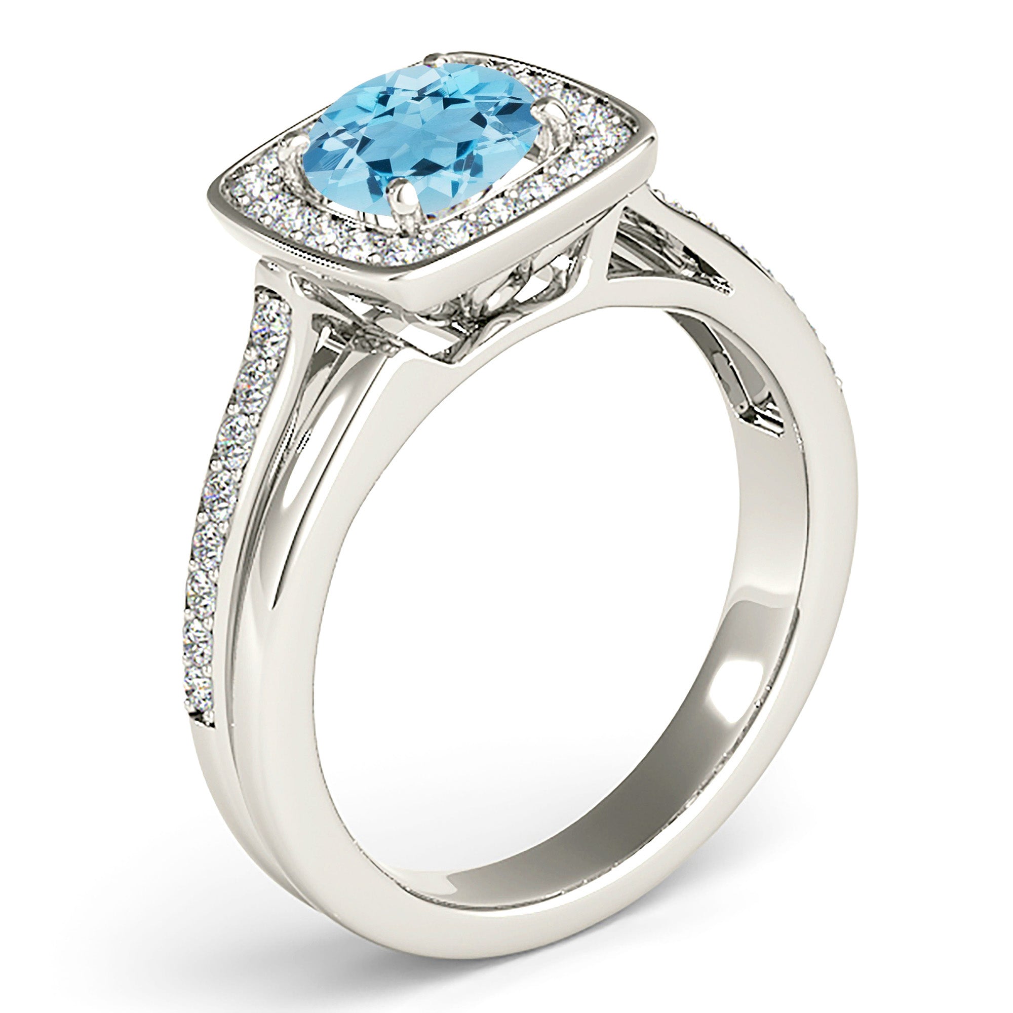 1.10 ct. Genuine Round Aquamarine Ring With 0.25 ctw. Diamond Bezel Set Square Halo, Solid Gold And Diamond Band | Blue Aquamarine Halo Ring-VIRABYANI