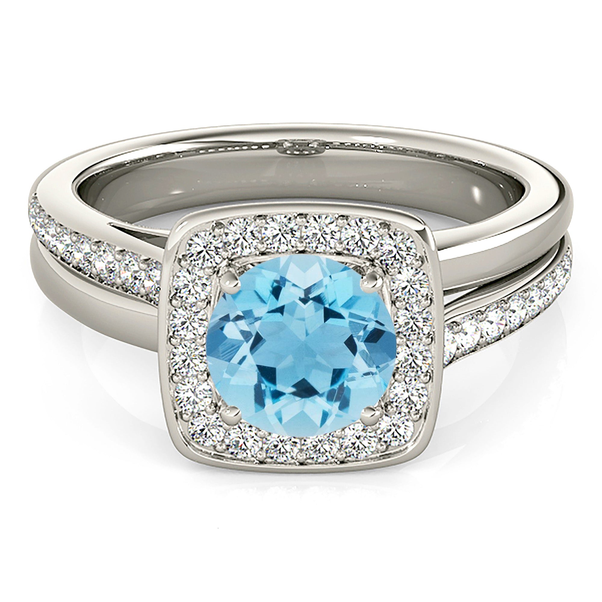 1.10 ct. Genuine Round Aquamarine Ring With 0.25 ctw. Diamond Bezel Set Square Halo, Solid Gold And Diamond Band | Blue Aquamarine Halo Ring-VIRABYANI
