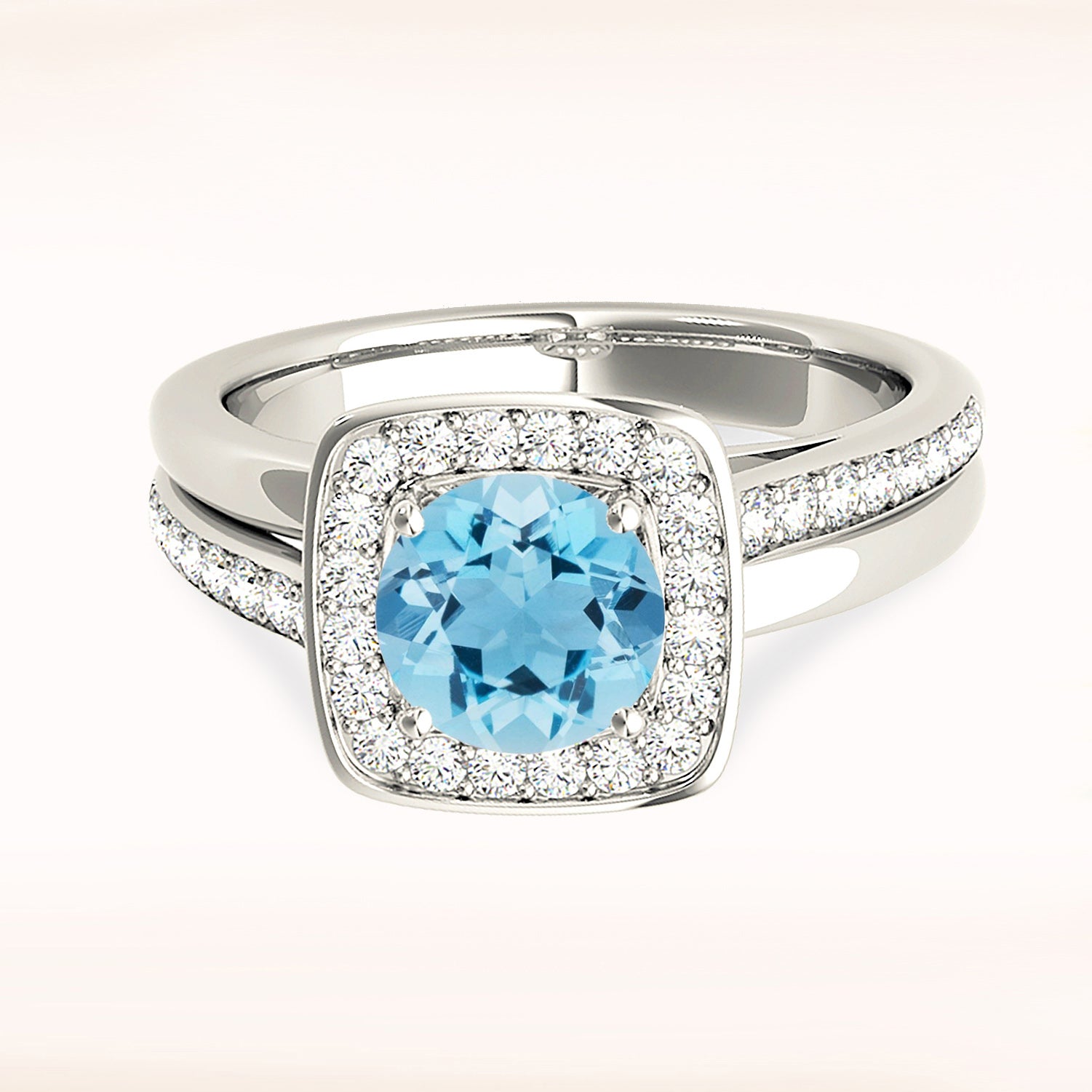 1.10 ct. Genuine Round Aquamarine Ring With 0.25 ctw. Diamond Bezel Set Square Halo, Solid Gold And Diamond Band | Blue Aquamarine Halo Ring-VIRABYANI
