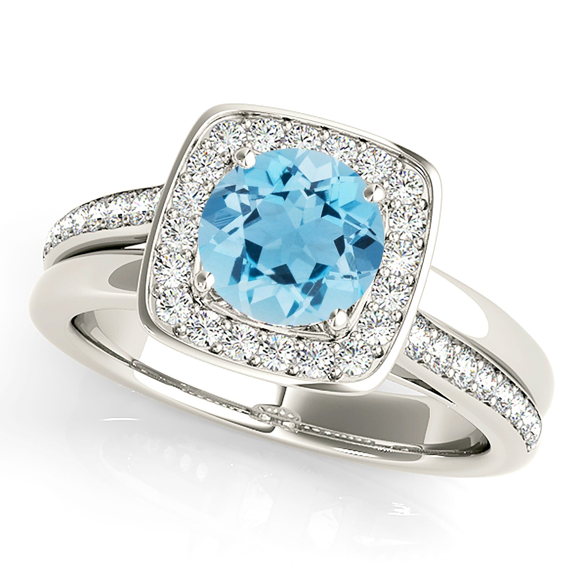 1.10 ct. Genuine Round Aquamarine Ring With 0.25 ctw. Diamond Bezel Set Square Halo, Solid Gold And Diamond Band | Blue Aquamarine Halo Ring-VIRABYANI