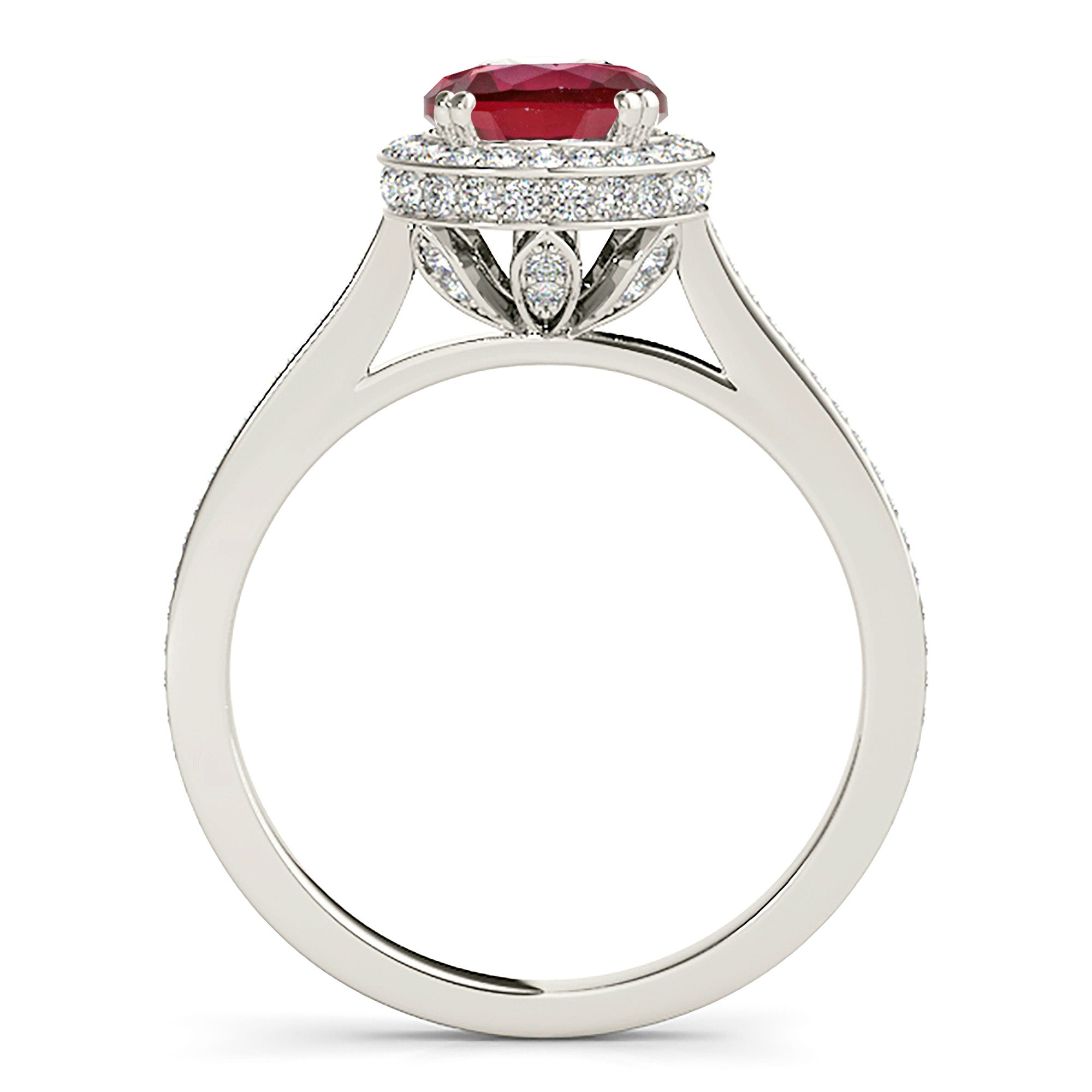 2.35 ct. Genuine Ruby Ring With 0.50 ctw. Diamond Halo And Thin Diamond band, 3D Diamond Halo and Basket| Round Ruby Halo Ring-VIRABYANI