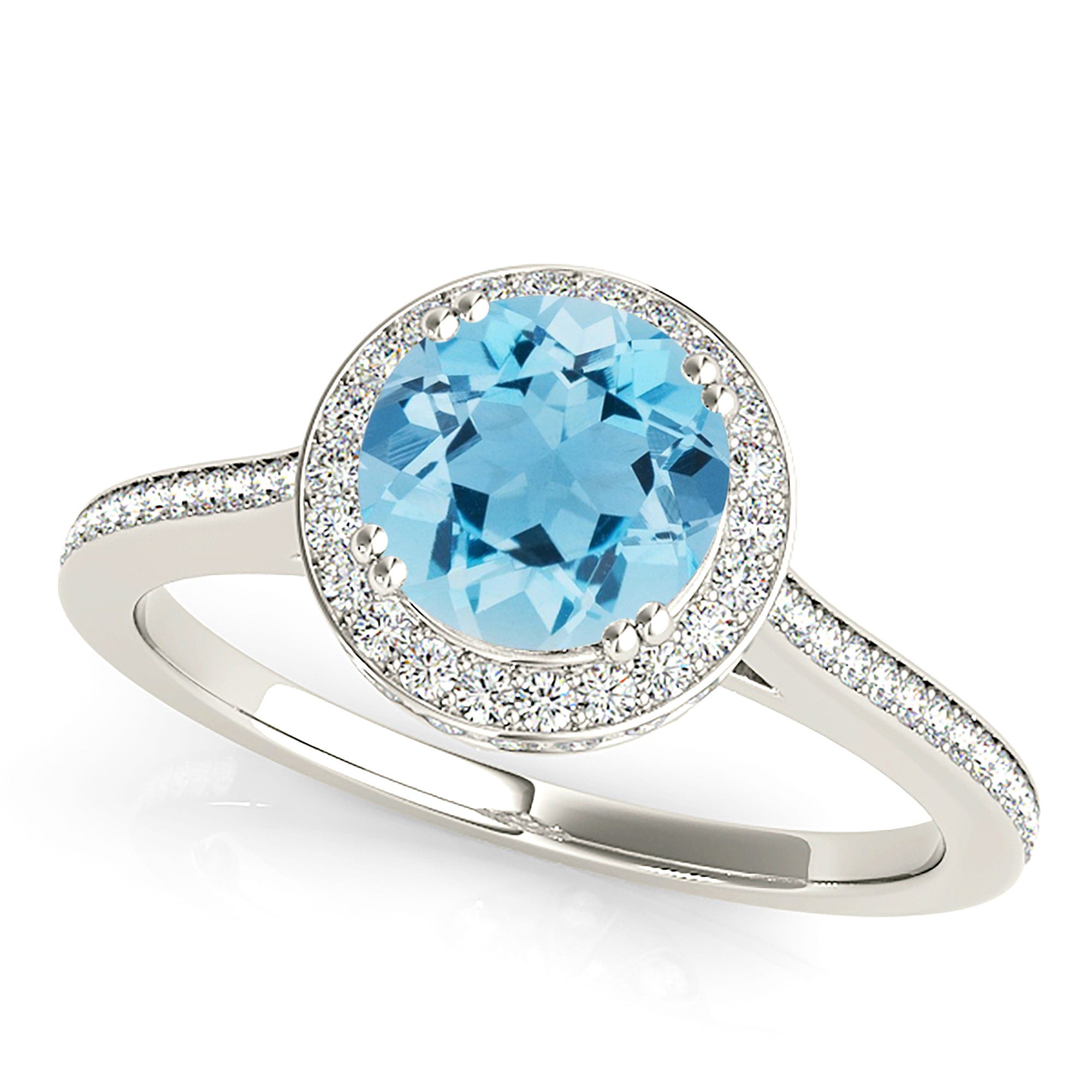 2.00 ct. Genuine Aquamarine Ring With 0.50 ctw. Diamond Channel Set Halo With Delicate Diamond Band | Round Blue Aquamarine Halo Ring-VIRABYANI