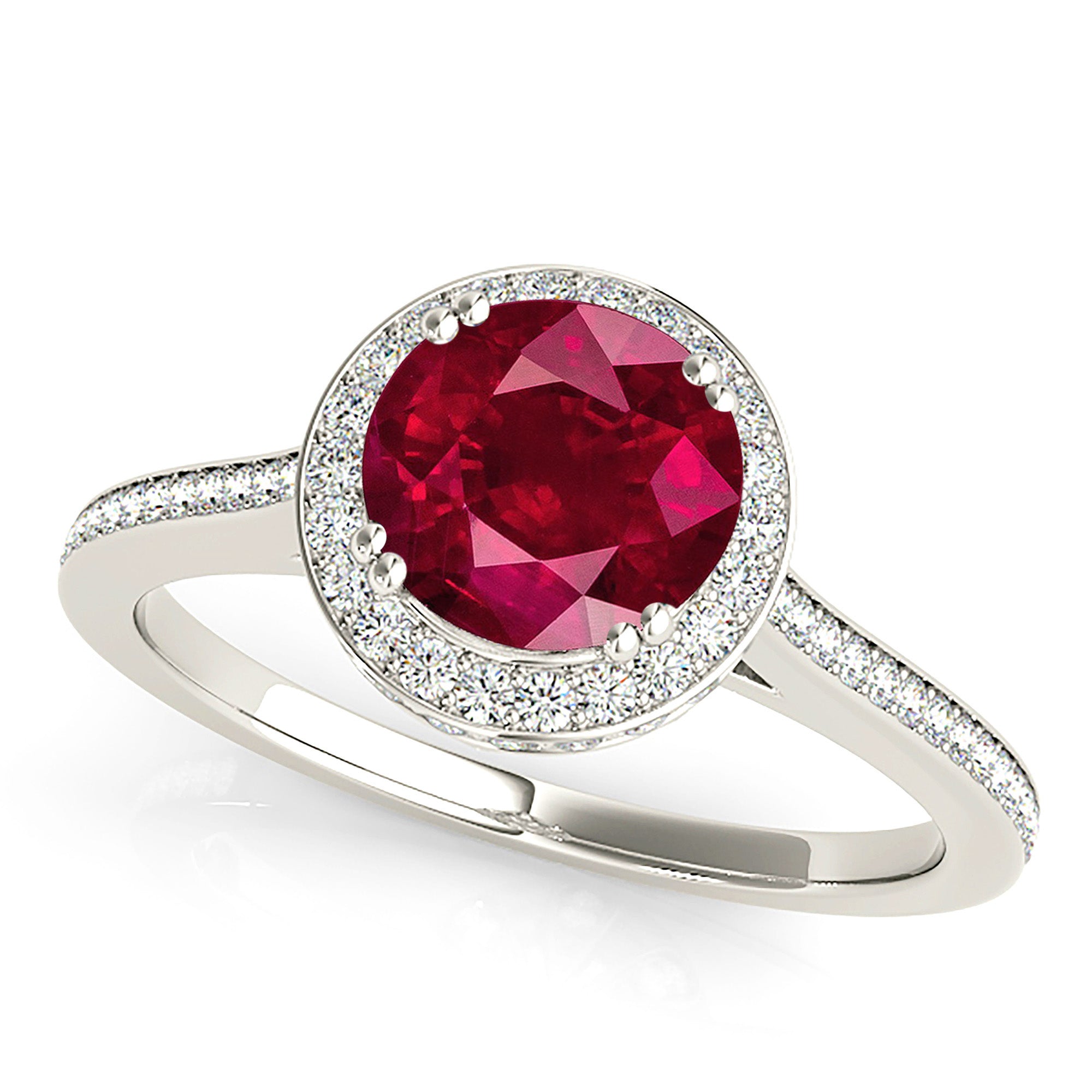 2.35 ct. Genuine Ruby Ring With 0.50 ctw. Diamond Halo And Thin Diamond band, 3D Diamond Halo and Basket| Round Ruby Halo Ring-VIRABYANI