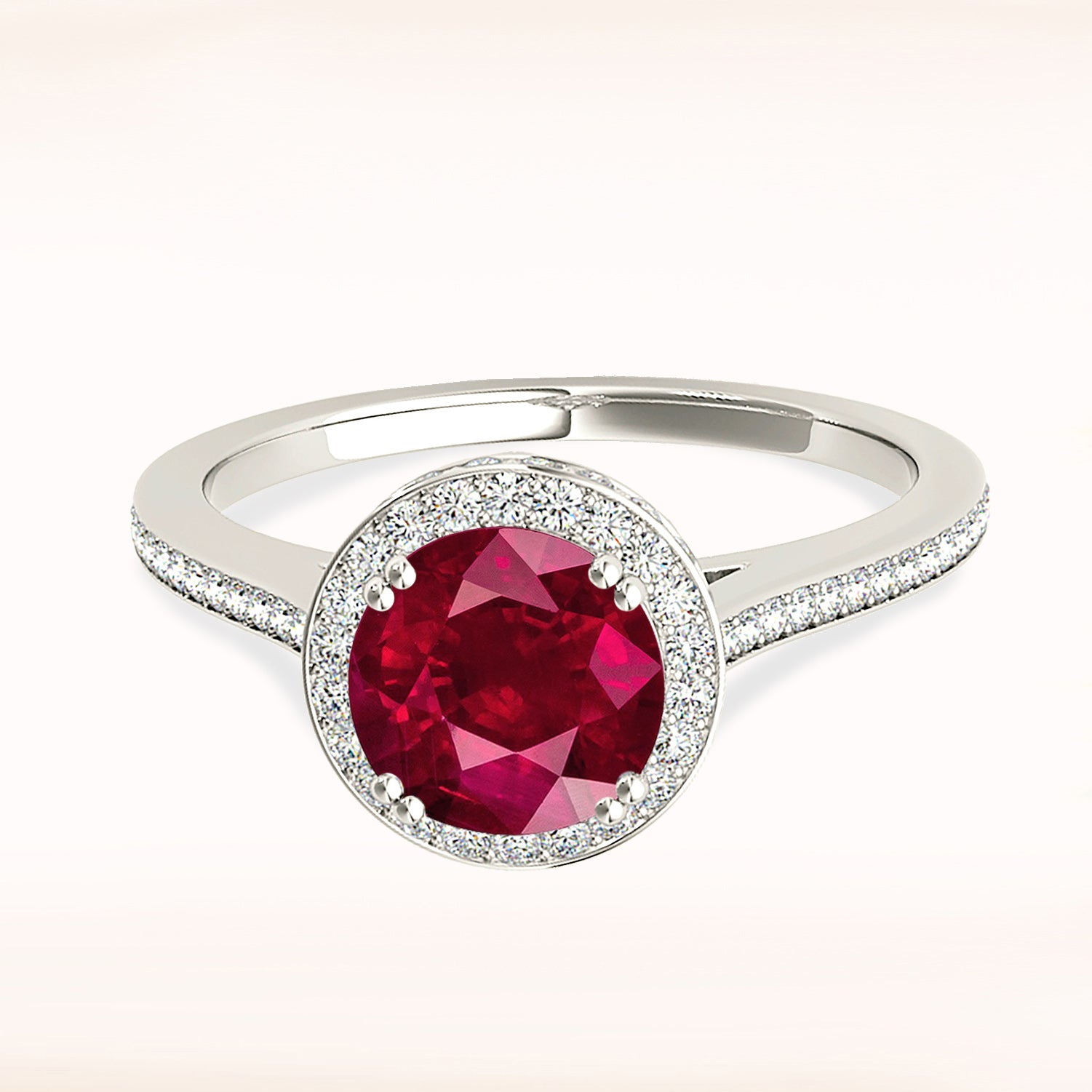 2.35 ct. Genuine Ruby Ring With 0.50 ctw. Diamond Halo And Thin Diamond band, 3D Diamond Halo and Basket| Round Ruby Halo Ring-VIRABYANI