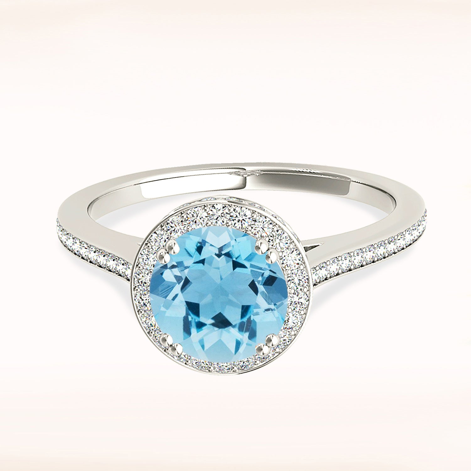 2.00 ct. Genuine Aquamarine Ring With 0.50 ctw. Diamond Channel Set Halo With Delicate Diamond Band | Round Blue Aquamarine Halo Ring-VIRABYANI