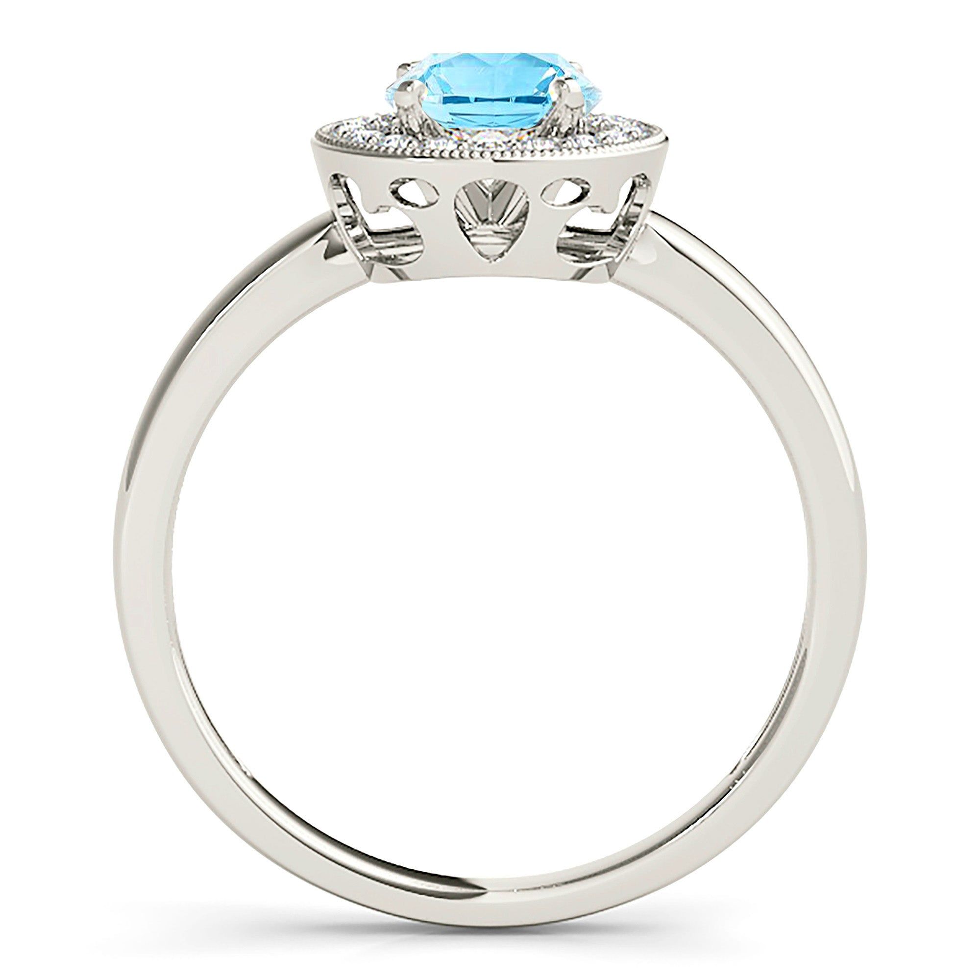 1.10 ct. Genuine Aquamarine Ring With 0.20 ctw. Diamond Bezel Set Halo, Milgrain Design, Solid Gold Band | Round Blue Aquamarine Halo Ring-VIRABYANI