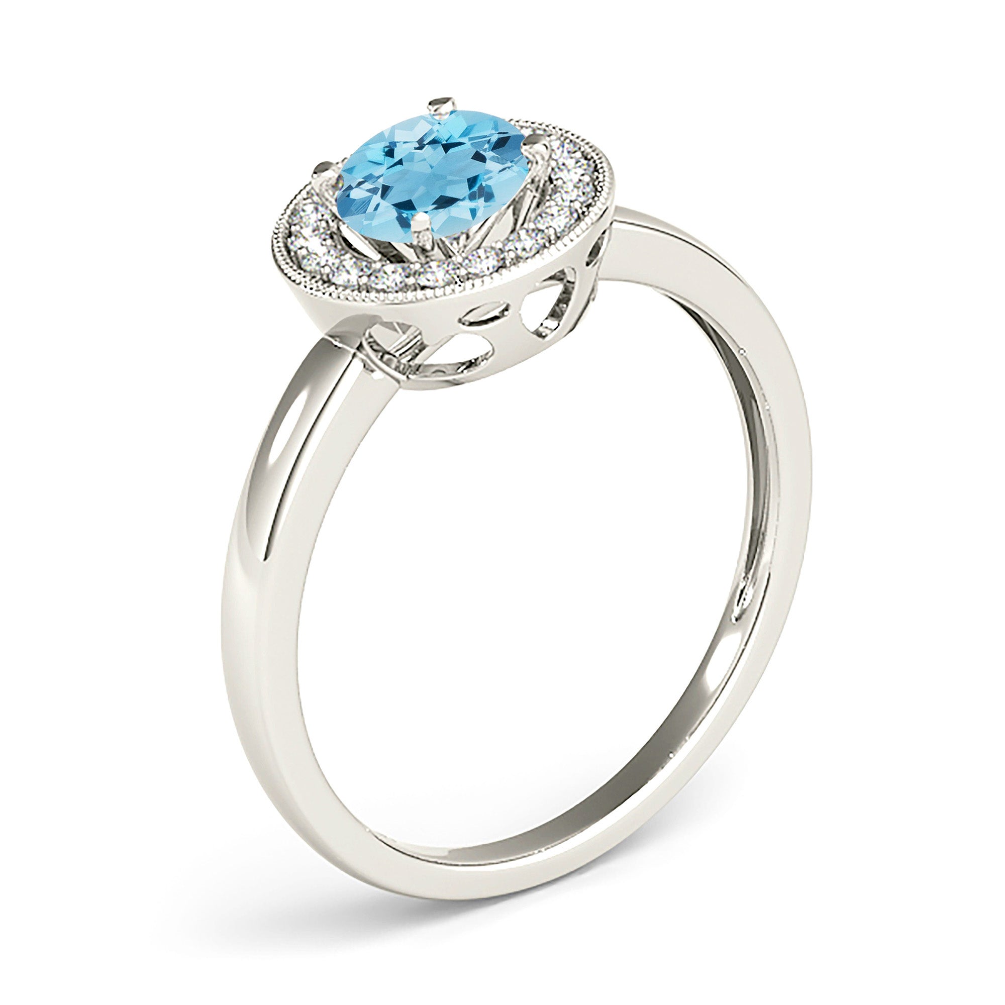 1.10 ct. Genuine Aquamarine Ring With 0.20 ctw. Diamond Bezel Set Halo, Milgrain Design, Solid Gold Band | Round Blue Aquamarine Halo Ring-VIRABYANI